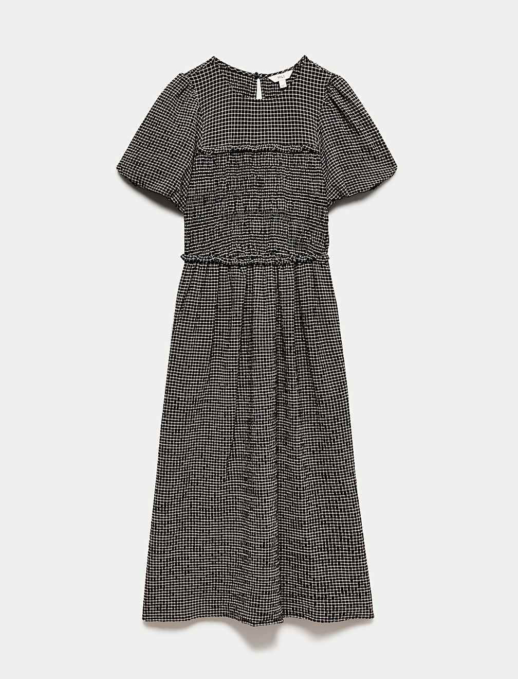 Gingham Puff Sleeve Midi Waisted Dress