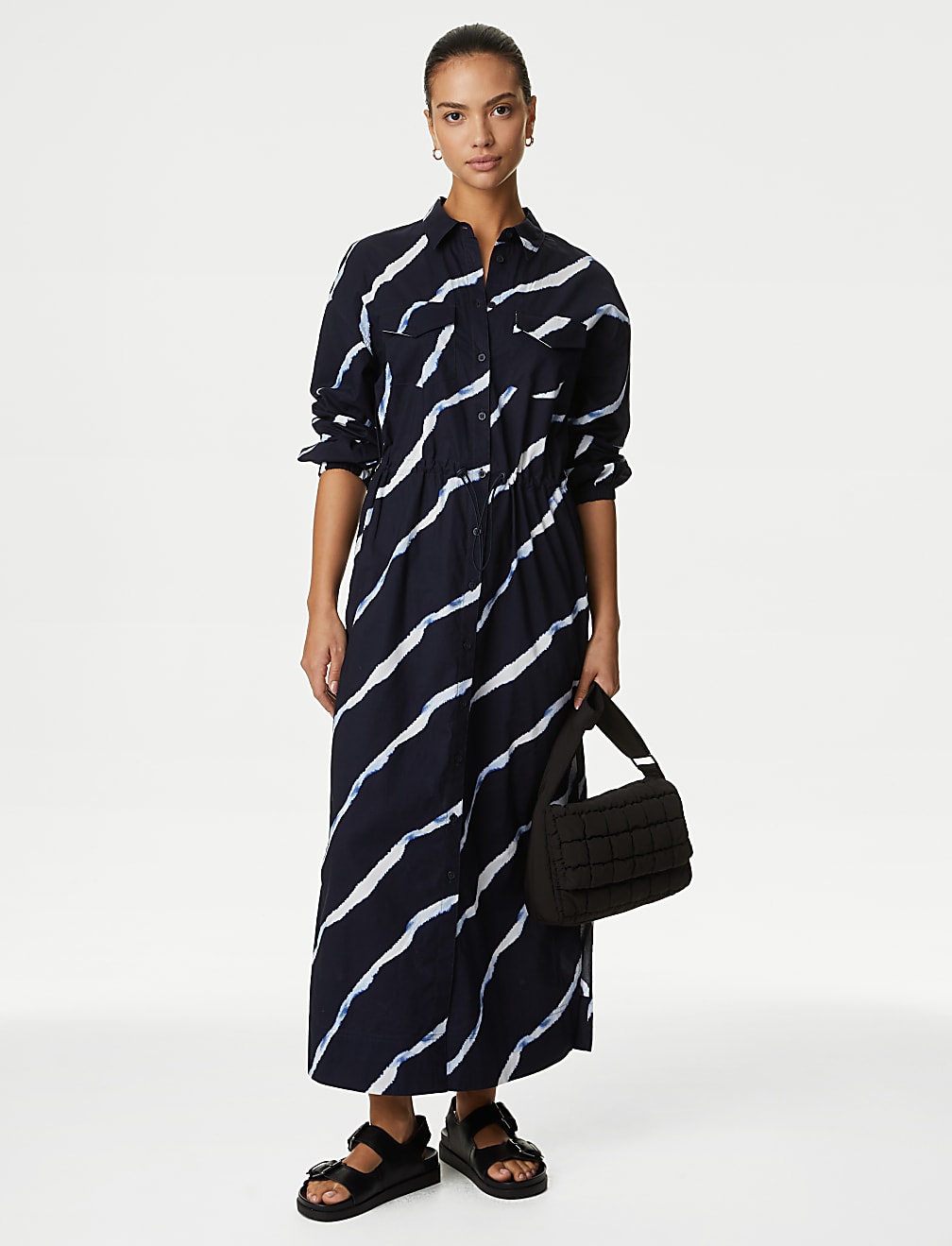 Pure Cotton Printed Tie Detail Midi Shirt Dress