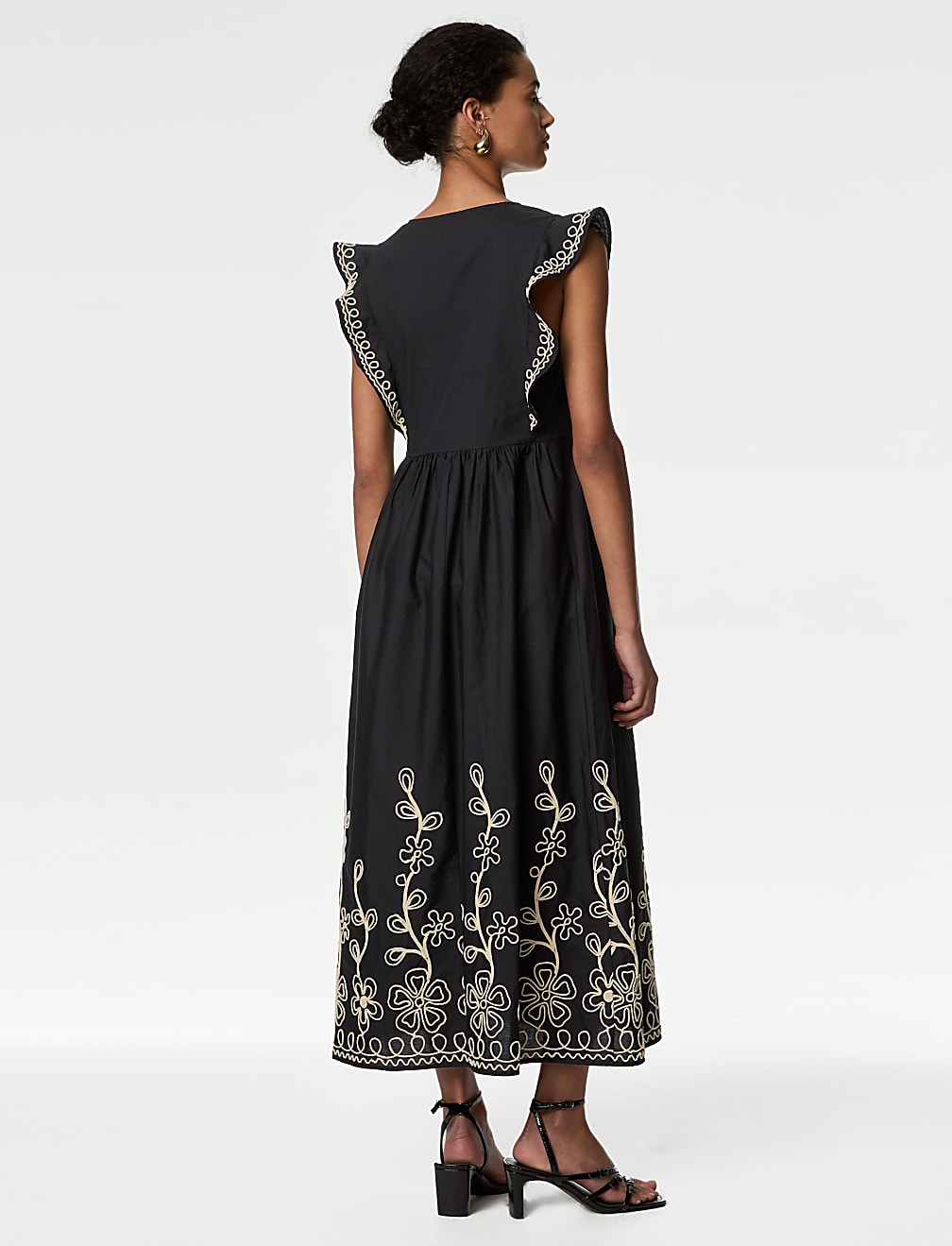 Pure Cotton Embroidered V-Neck Midi Dress