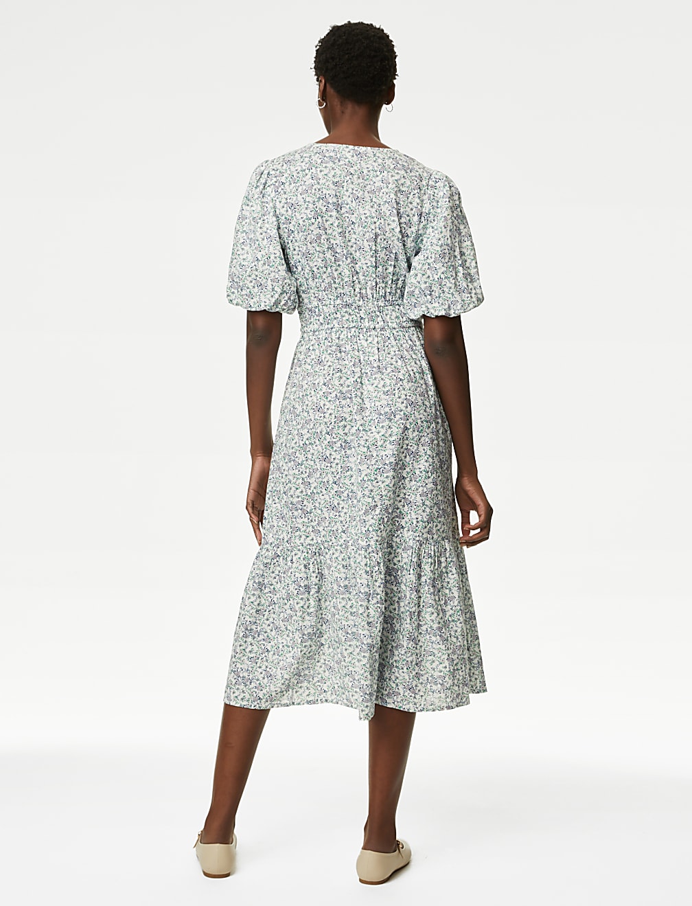 Pure Cotton Printed V-Neck Tiered Midi Dress