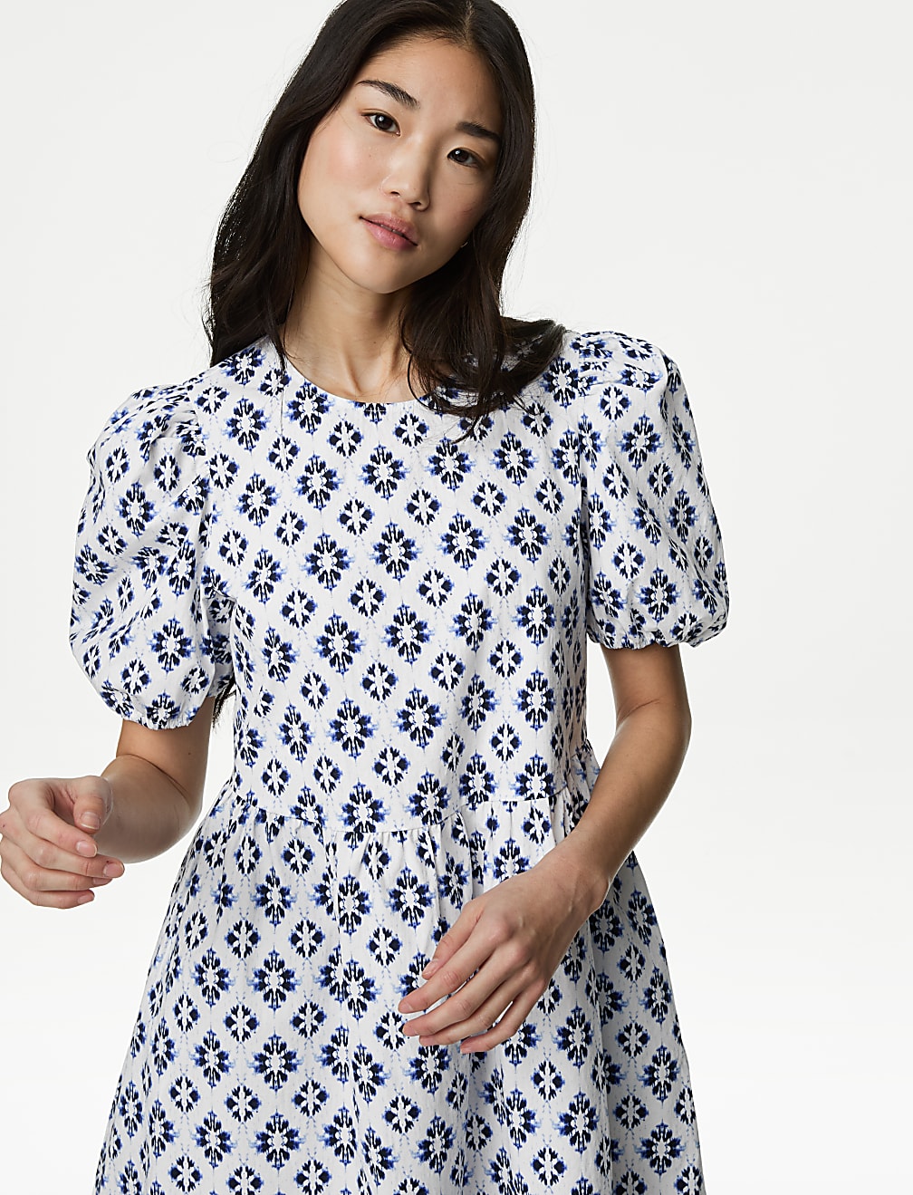 Cotton Rich Printed Puff Sleeve Waisted Dress
