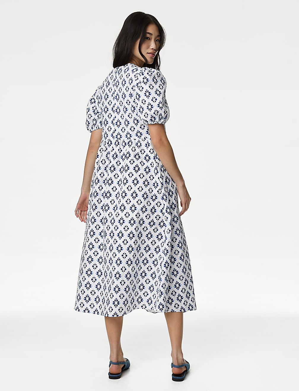 Cotton Rich Printed Puff Sleeve Waisted Dress