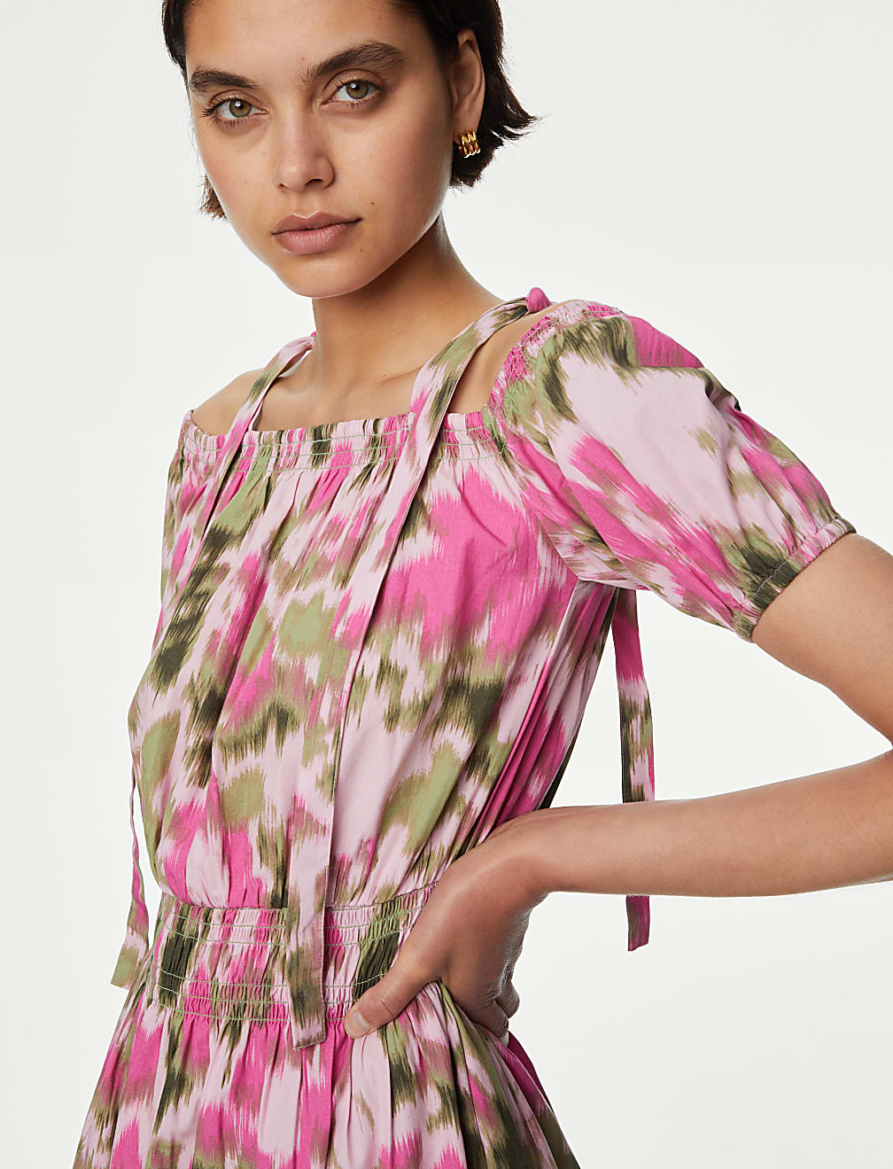 Pure Cotton Floral Midi Waisted Dress