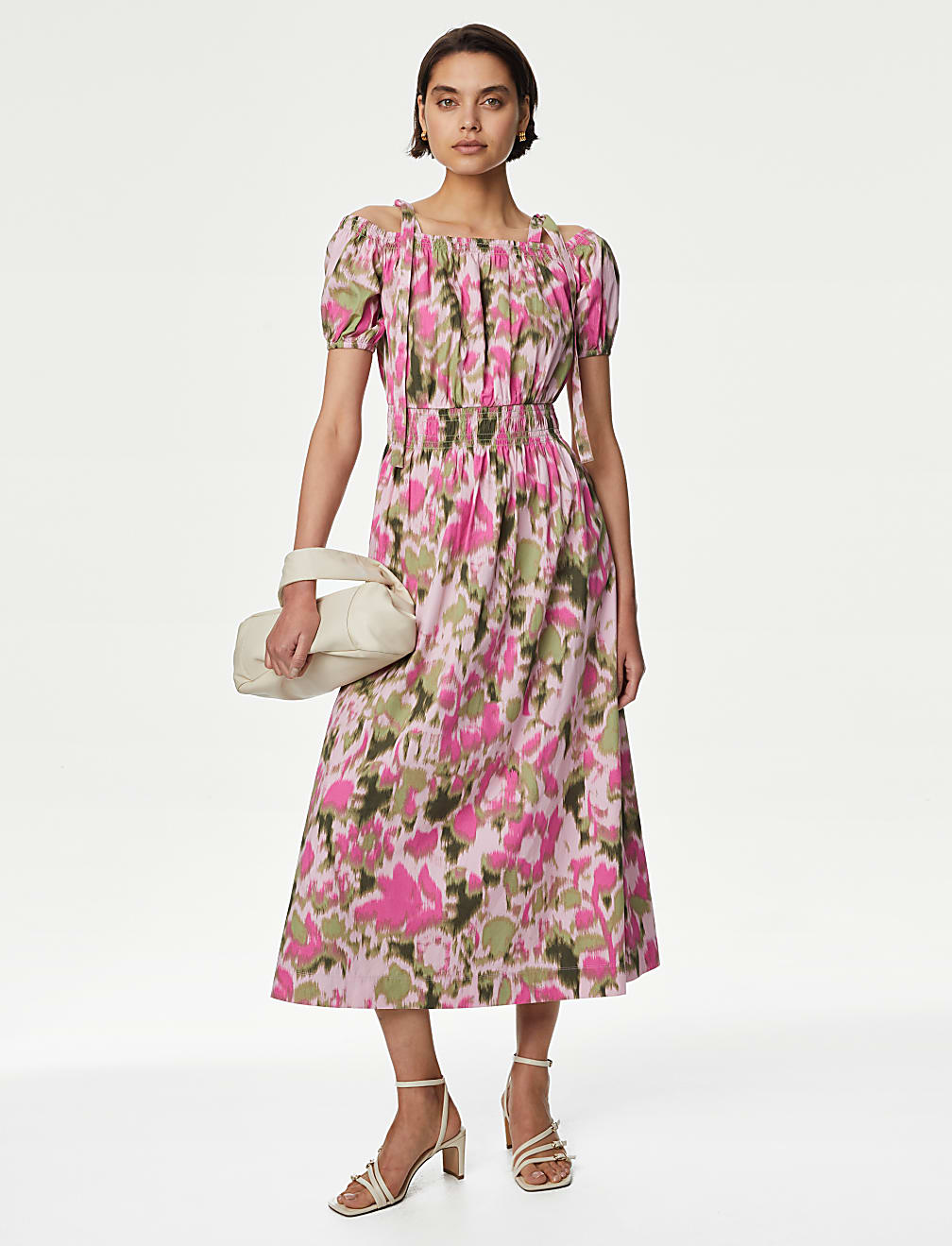 Pure Cotton Floral Midi Waisted Dress