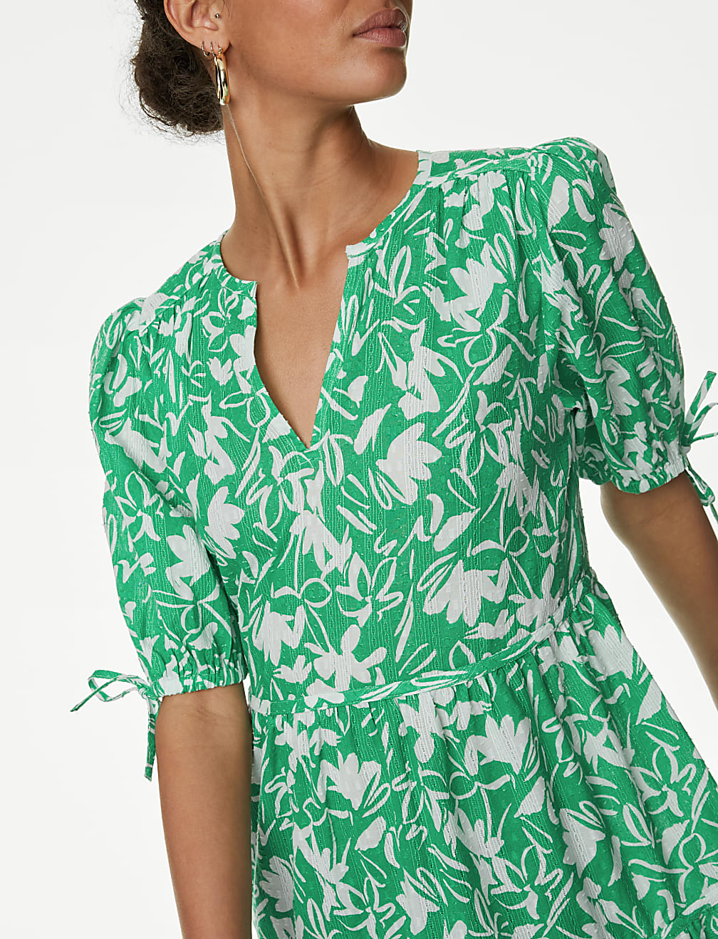 Pure Cotton Floral Pintuck Knee Length Tiered Dress