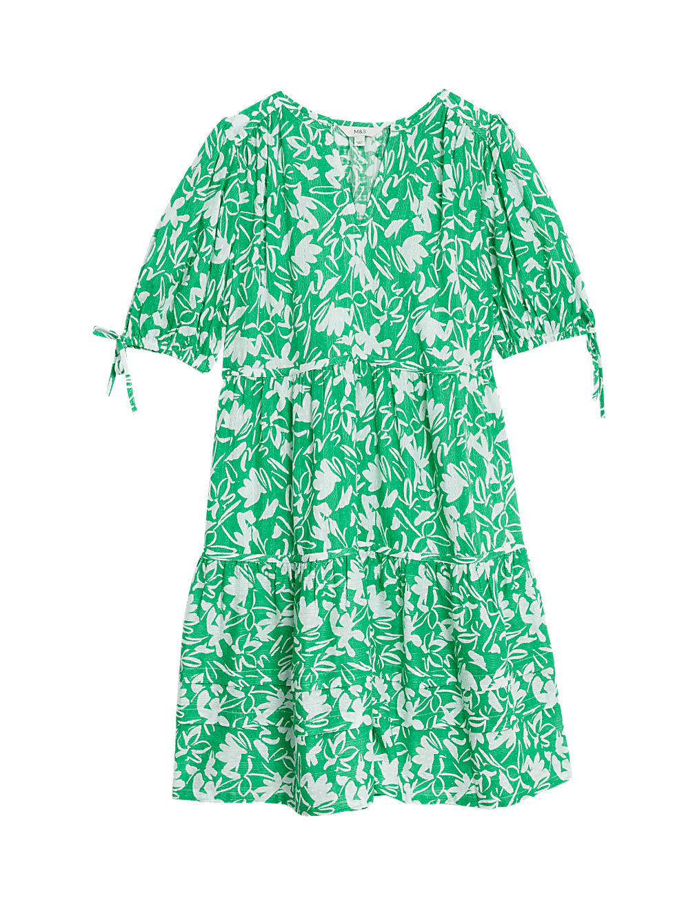 Pure Cotton Floral Pintuck Knee Length Tiered Dress