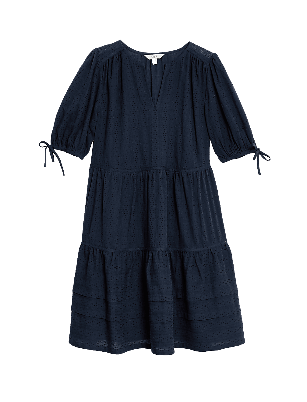 Pure Cotton V-Neck Knee Length Tiered Dress
