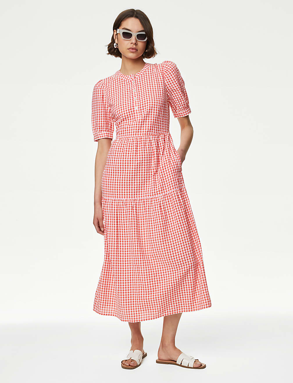 Cotton Rich Gingham Midi Tiered Dress