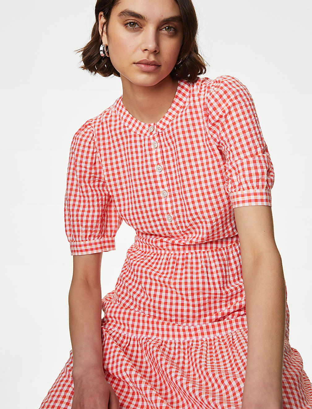 Cotton Rich Gingham Midi Tiered Dress