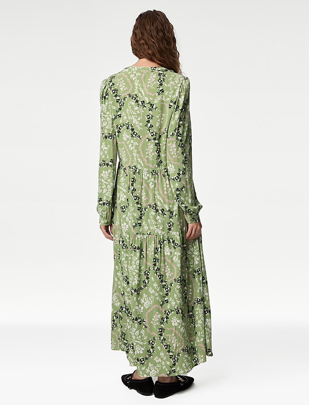 Printed Round Neck Midi Tiered Dress