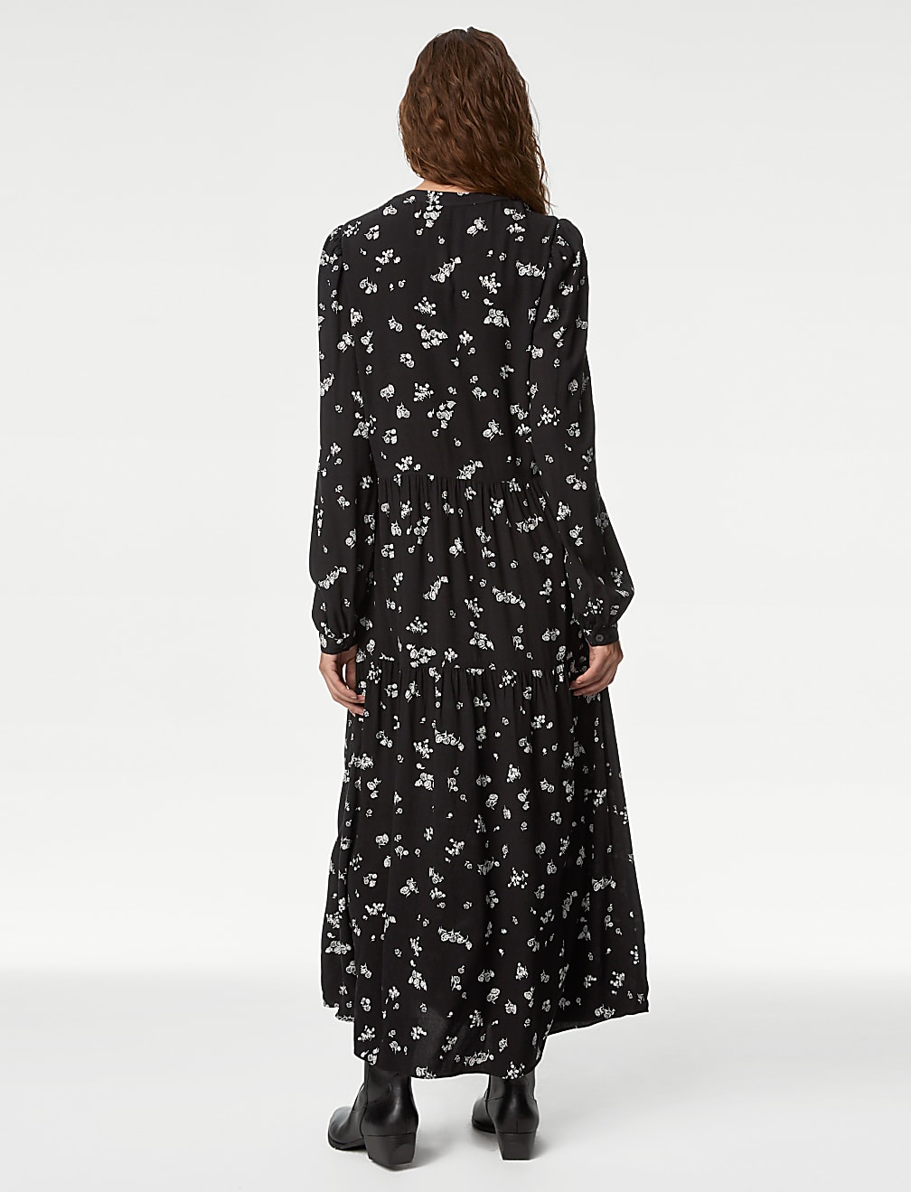 Printed Round Neck Midi Tiered Dress
