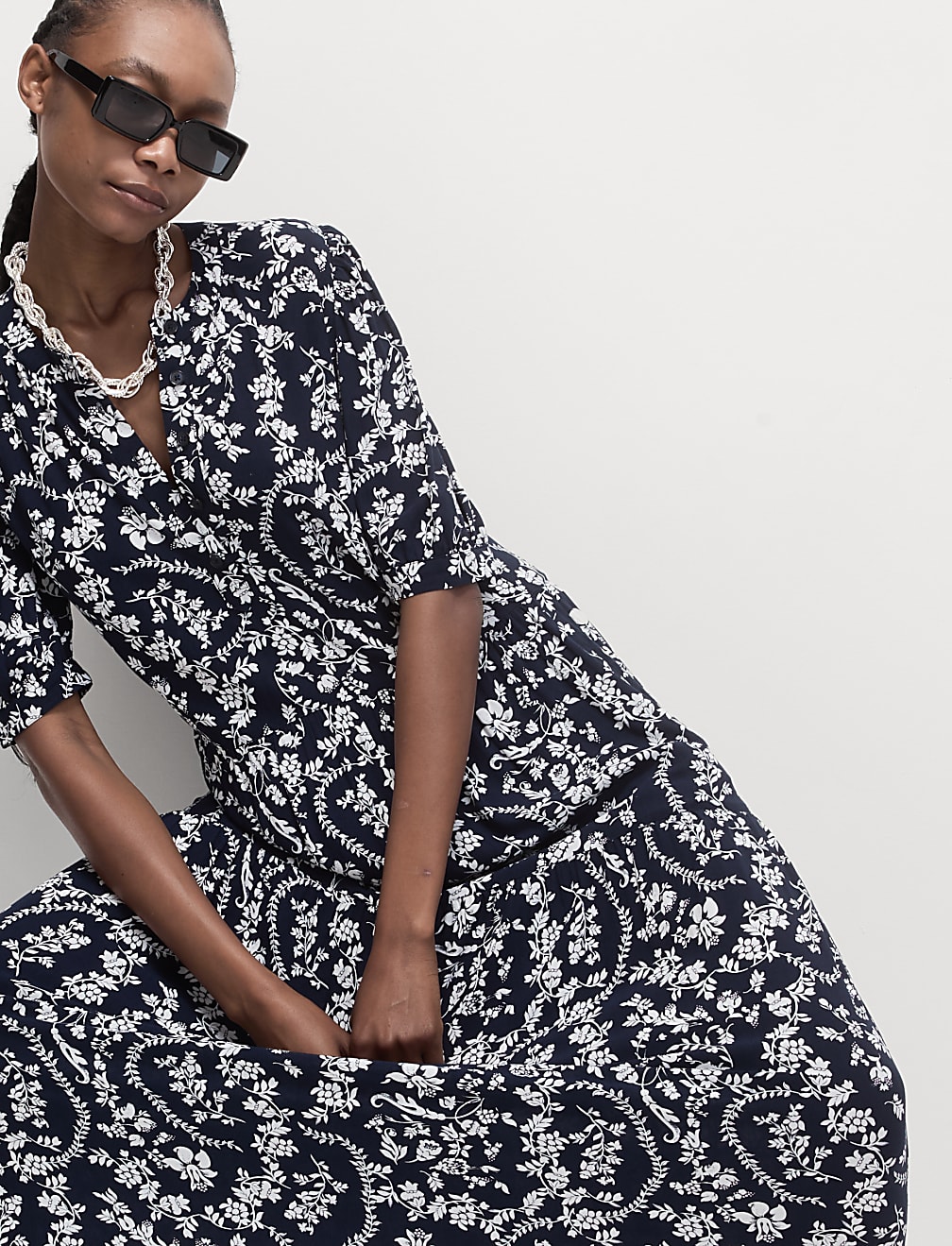 Floral Button Front Midi Tiered Dress