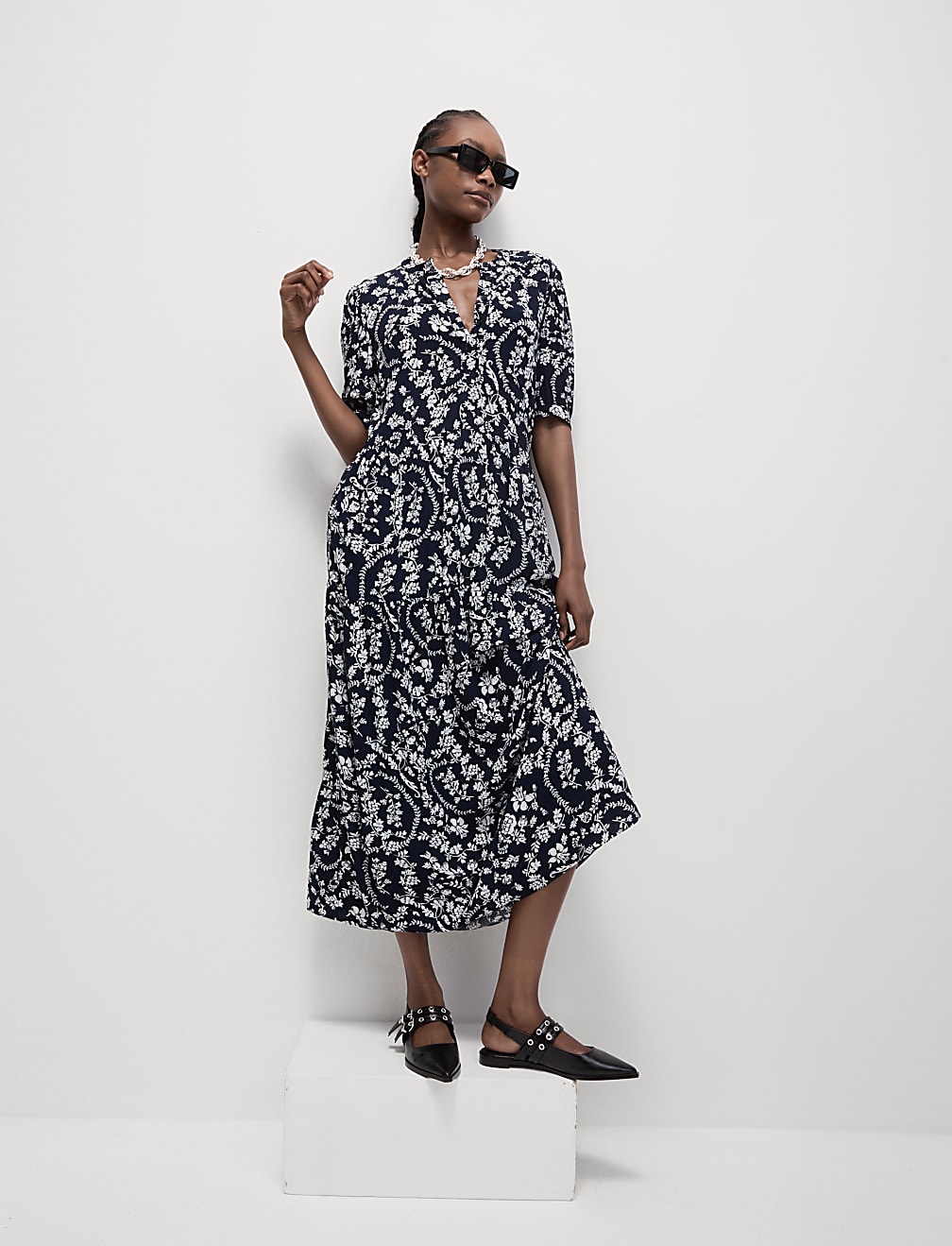 Floral Button Front Midi Tiered Dress
