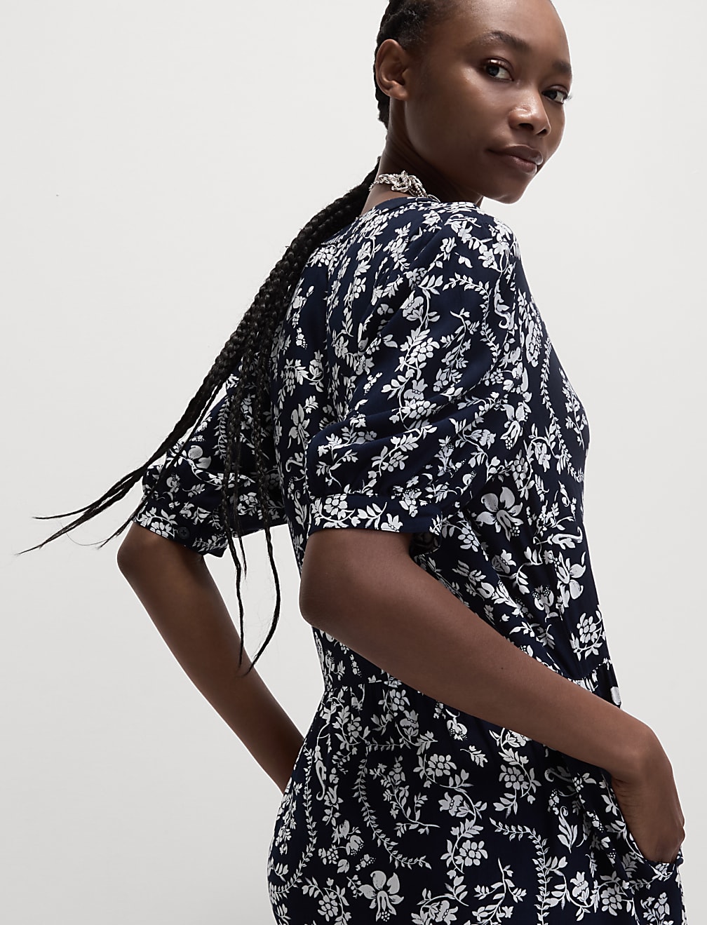 Floral Button Front Midi Tiered Dress