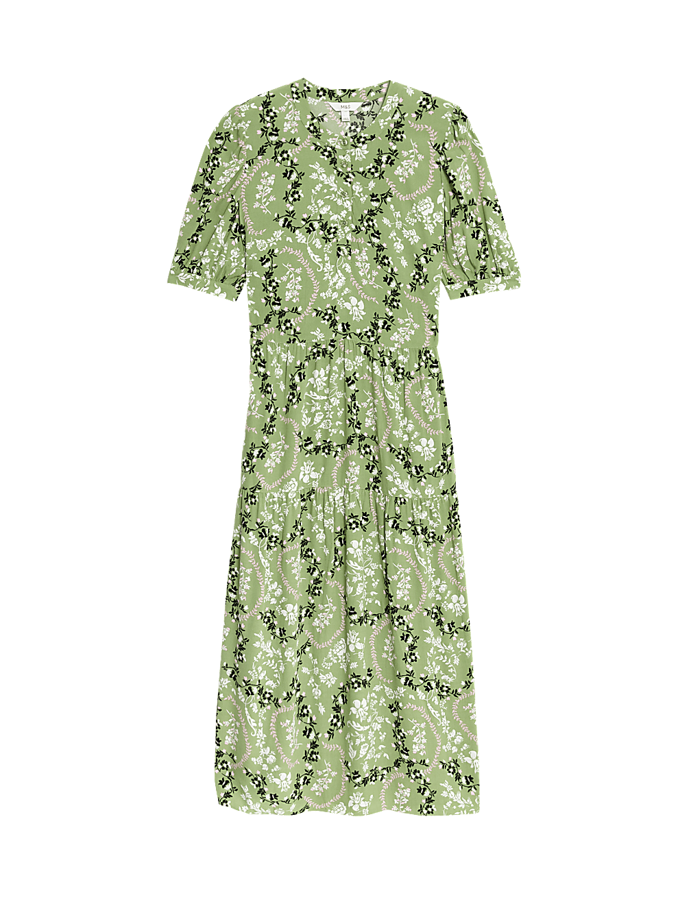 Floral Button Front Midi Tiered Dress