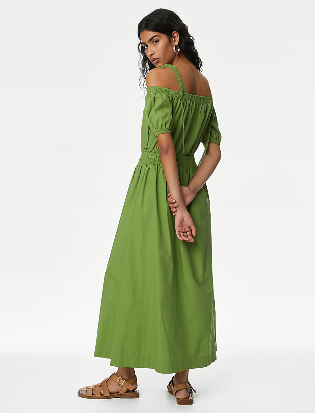Pure Cotton Puff Sleeve Midi Waisted Dress