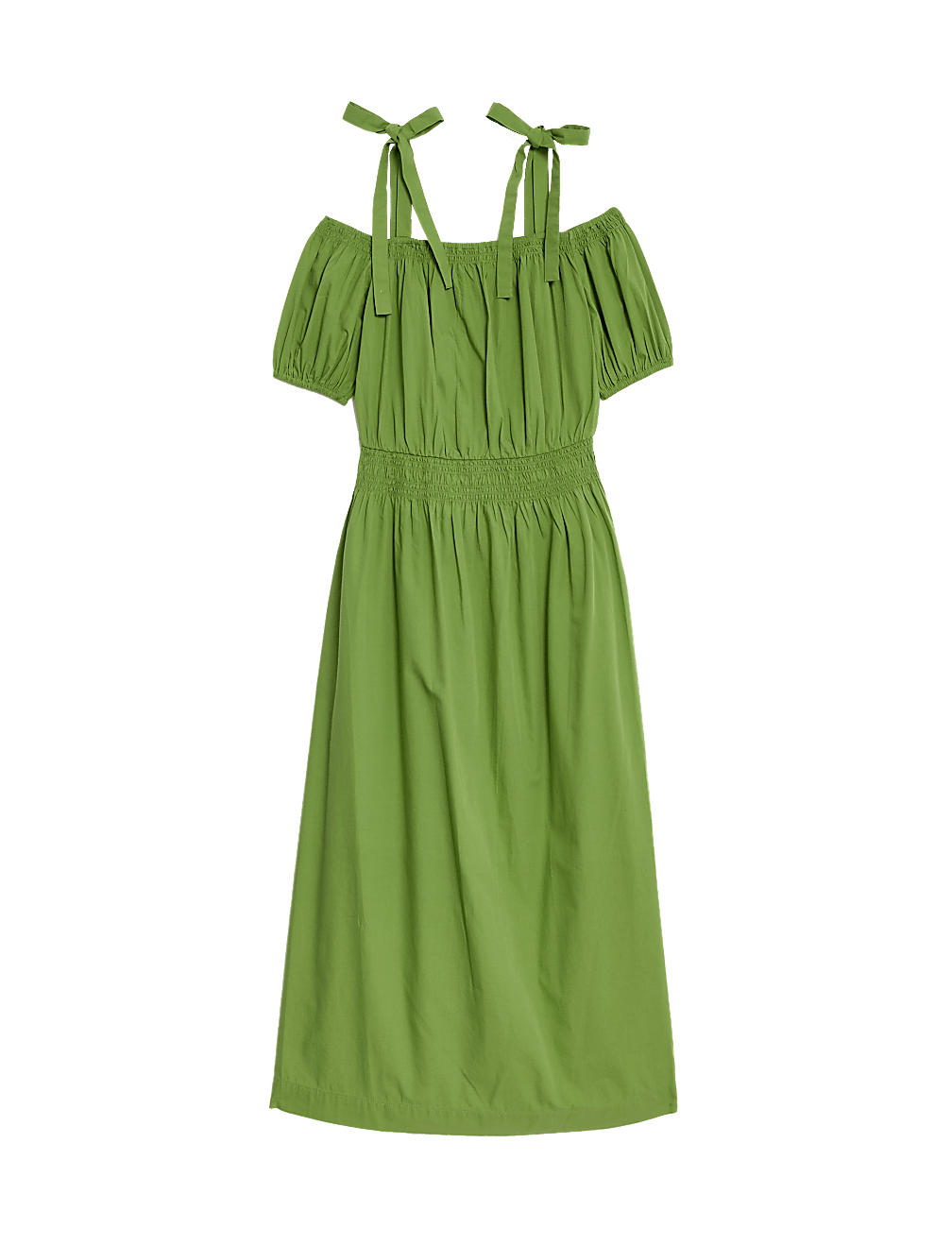 Pure Cotton Puff Sleeve Midi Waisted Dress