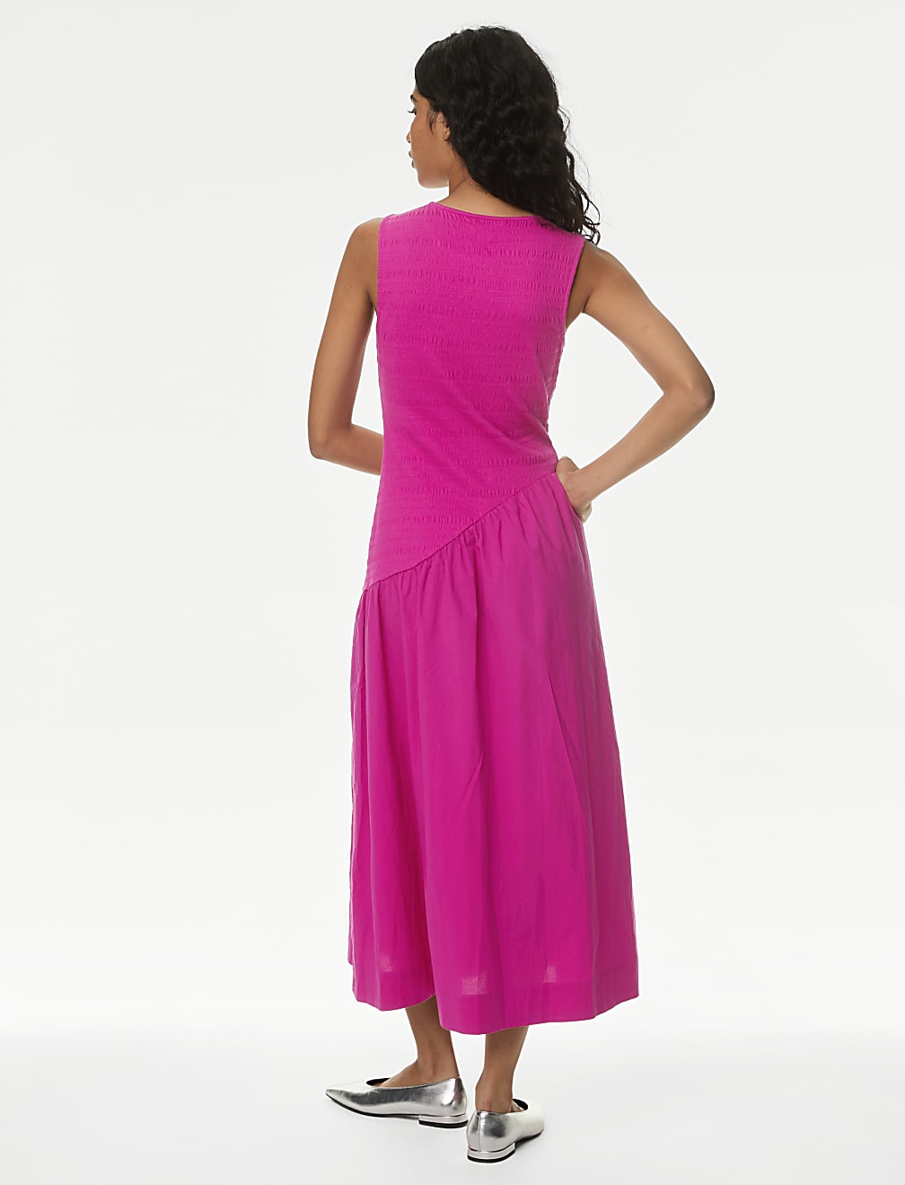 Cotton Blend Textured Midi Drop Waist Dress