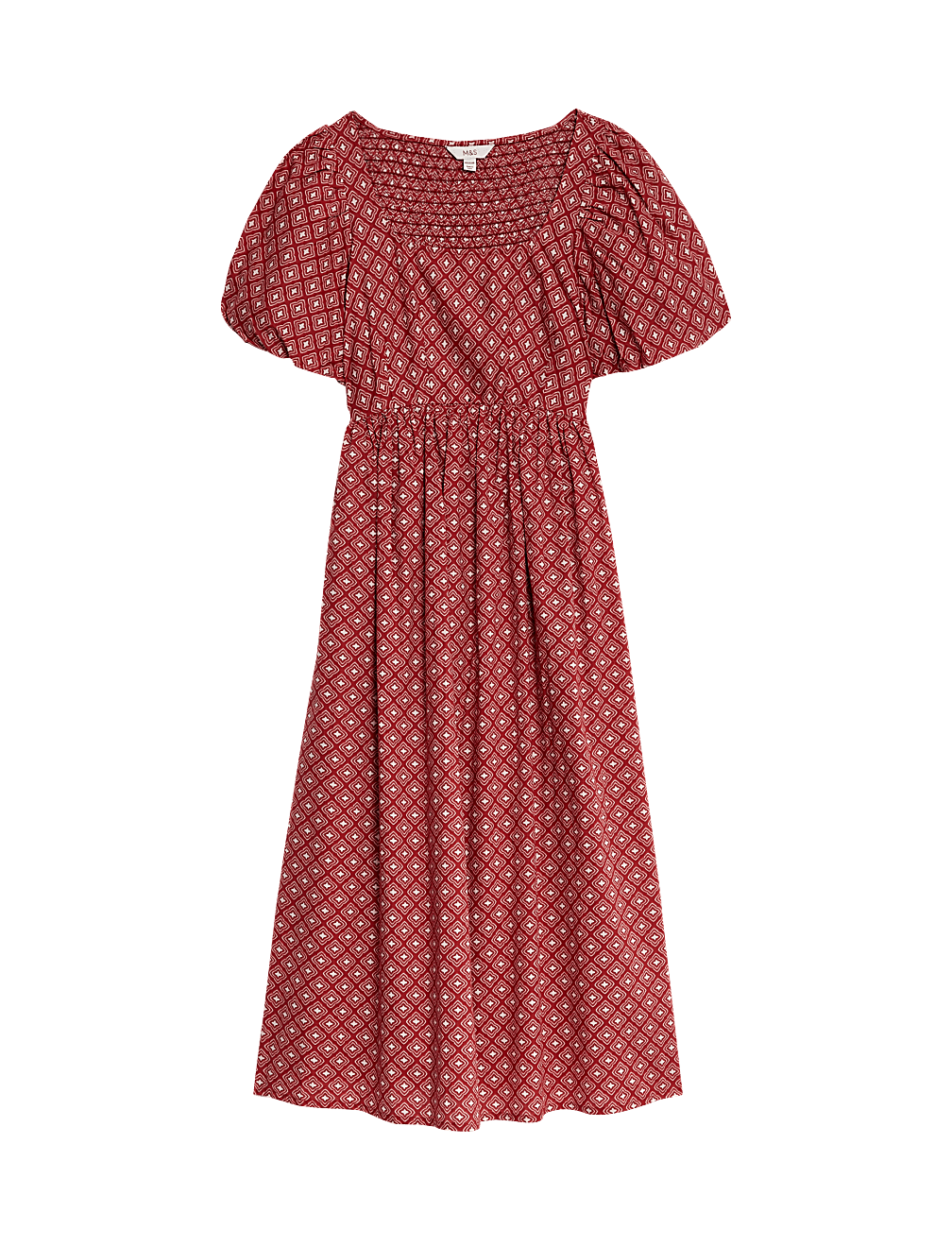 Pure Cotton Printed Square Neck Midi Waisted Dress