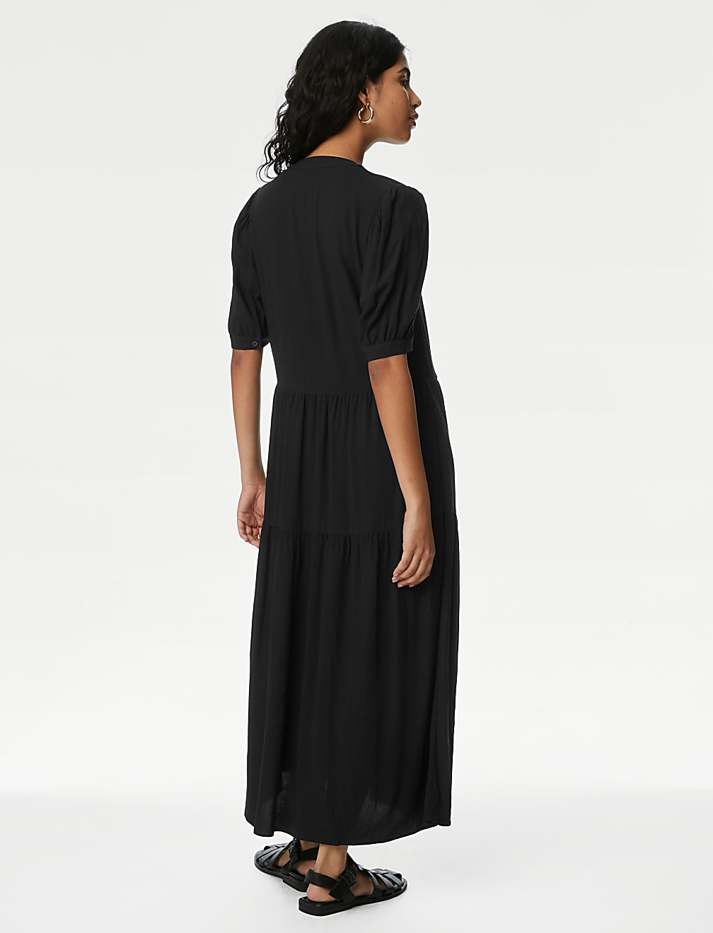 Round Neck Button Front Midi Tiered Dress