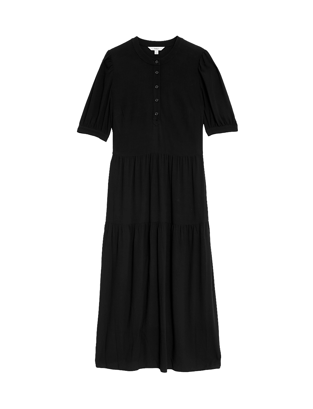 Round Neck Button Front Midi Tiered Dress