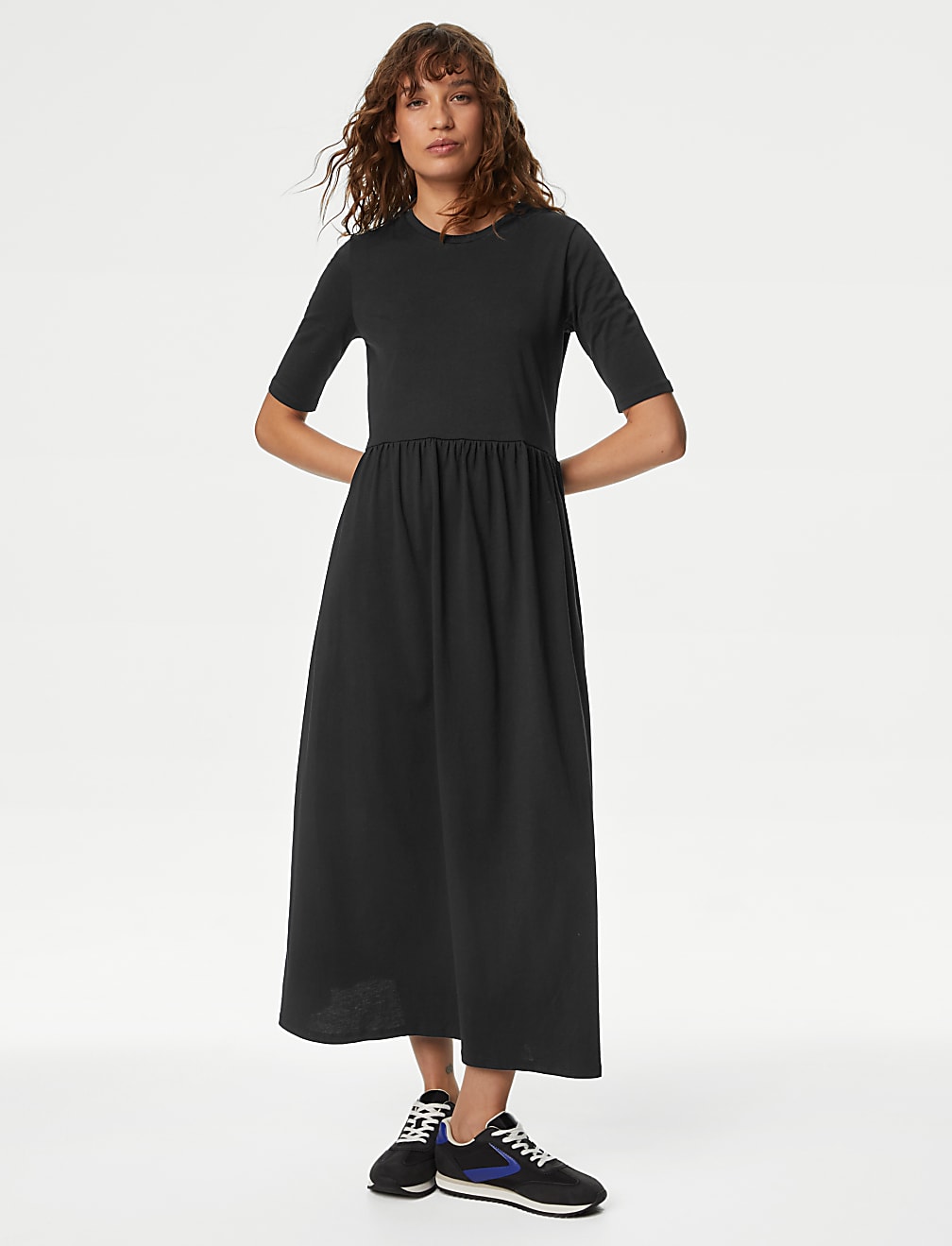 Jersey Round Neck Midi Waisted Dress