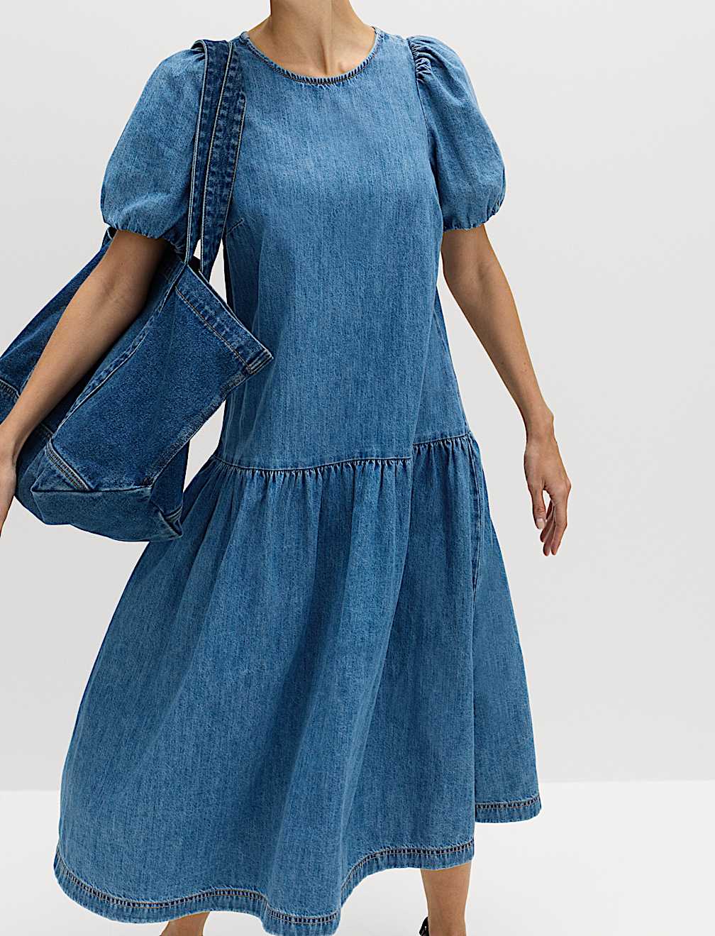 Denim Puff Sleeve Midi Drop Waist Dress