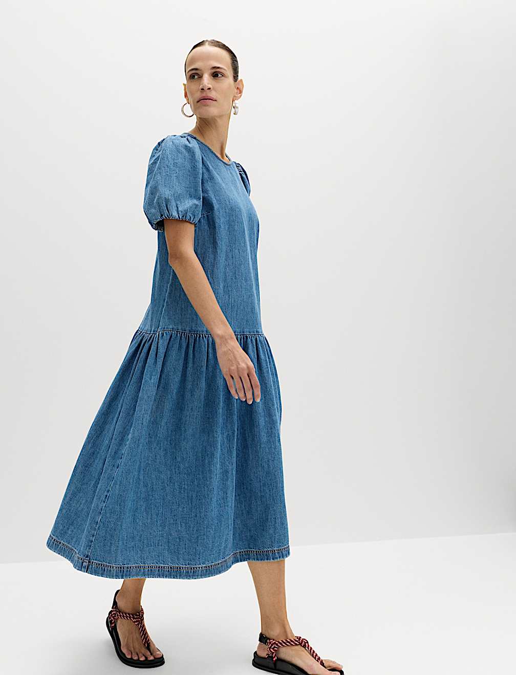 Denim Puff Sleeve Midi Drop Waist Dress