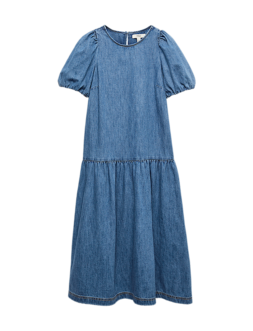Denim Puff Sleeve Midi Drop Waist Dress