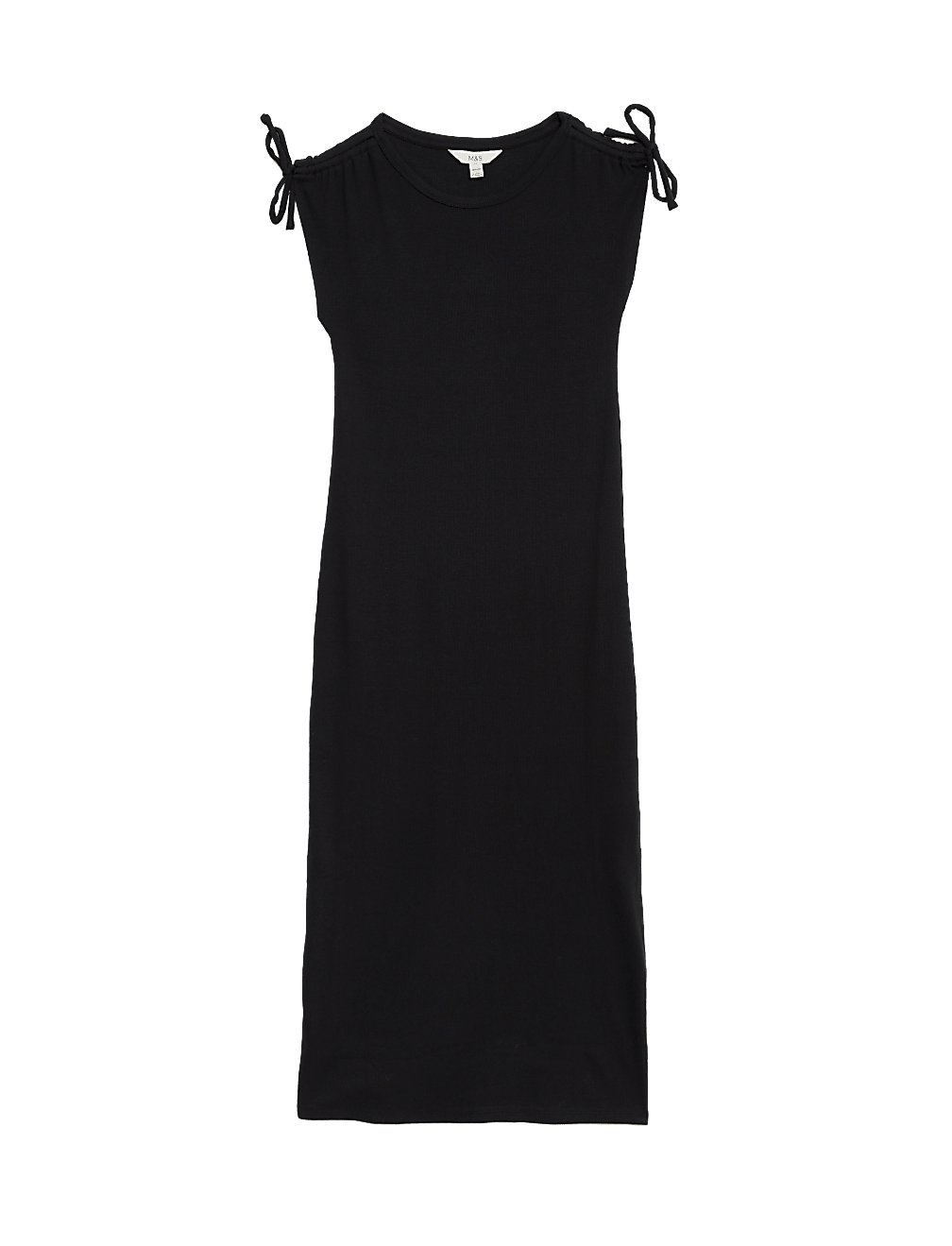 Cotton Rich Round Neck Ruched Midi Column Dress