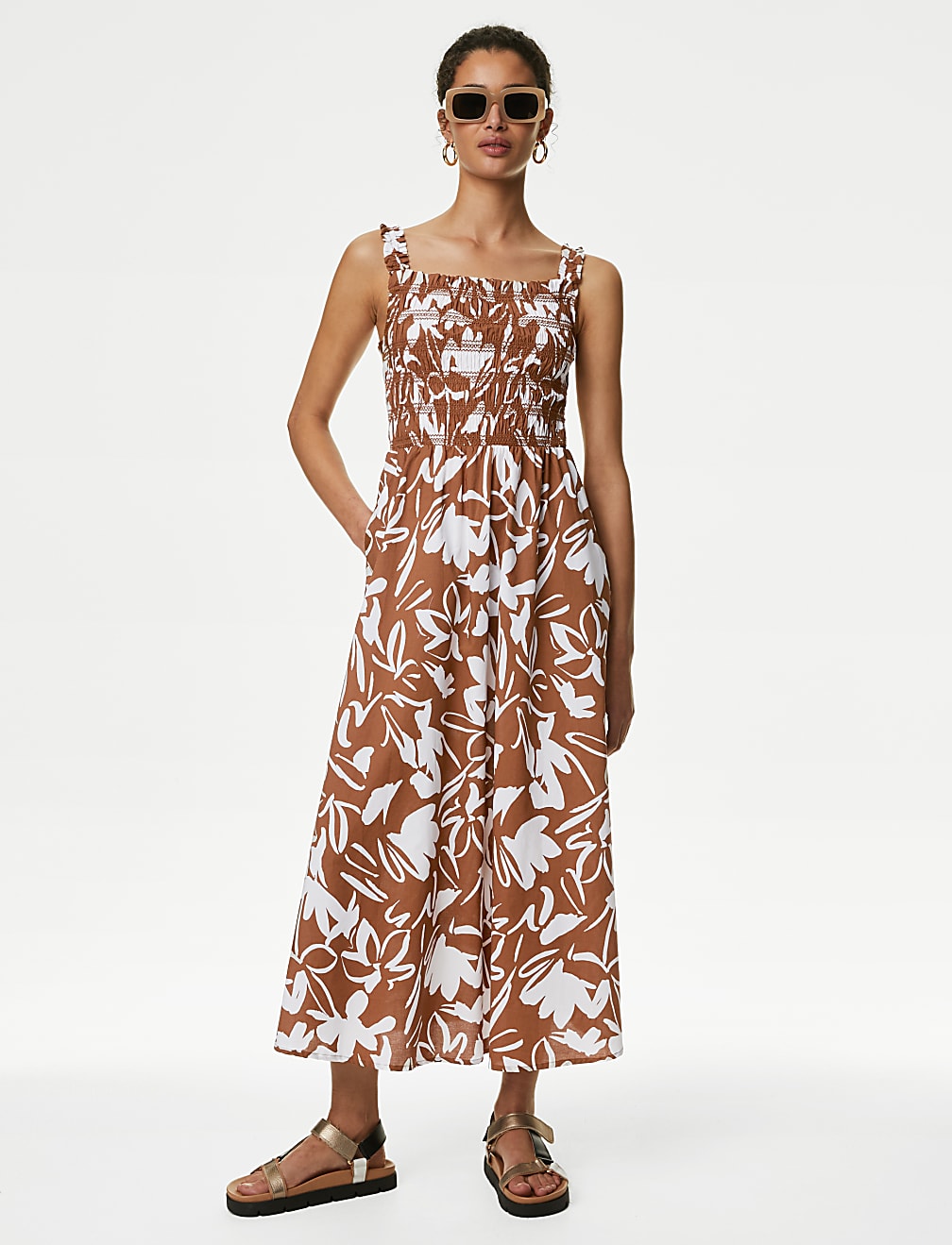 Pure Cotton Printed Midi Waisted Cami Dress