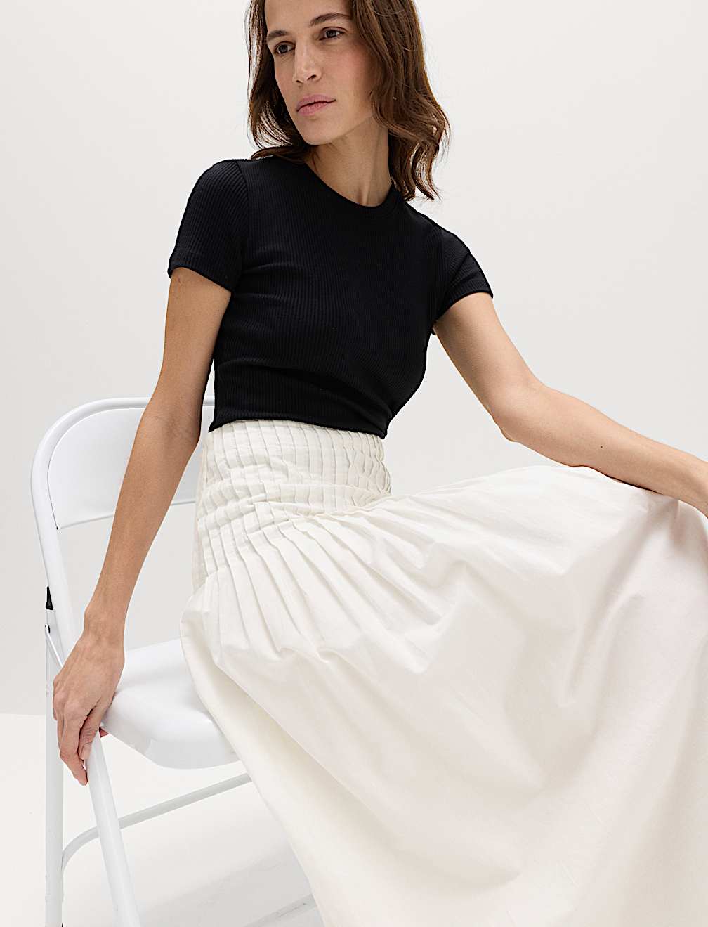 Pure Cotton Pleated Midi A-Line Skirt
