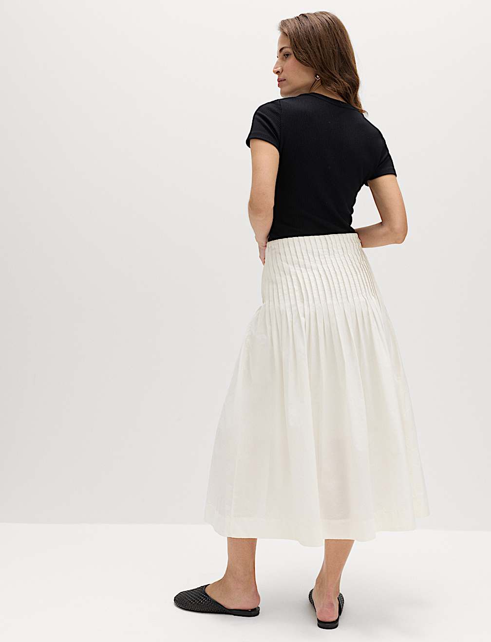 Pure Cotton Pleated Midi A-Line Skirt