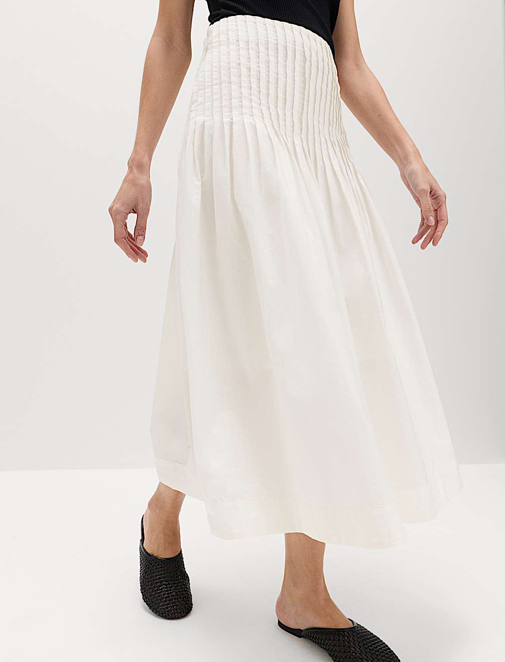 Pure Cotton Pleated Midi A-Line Skirt