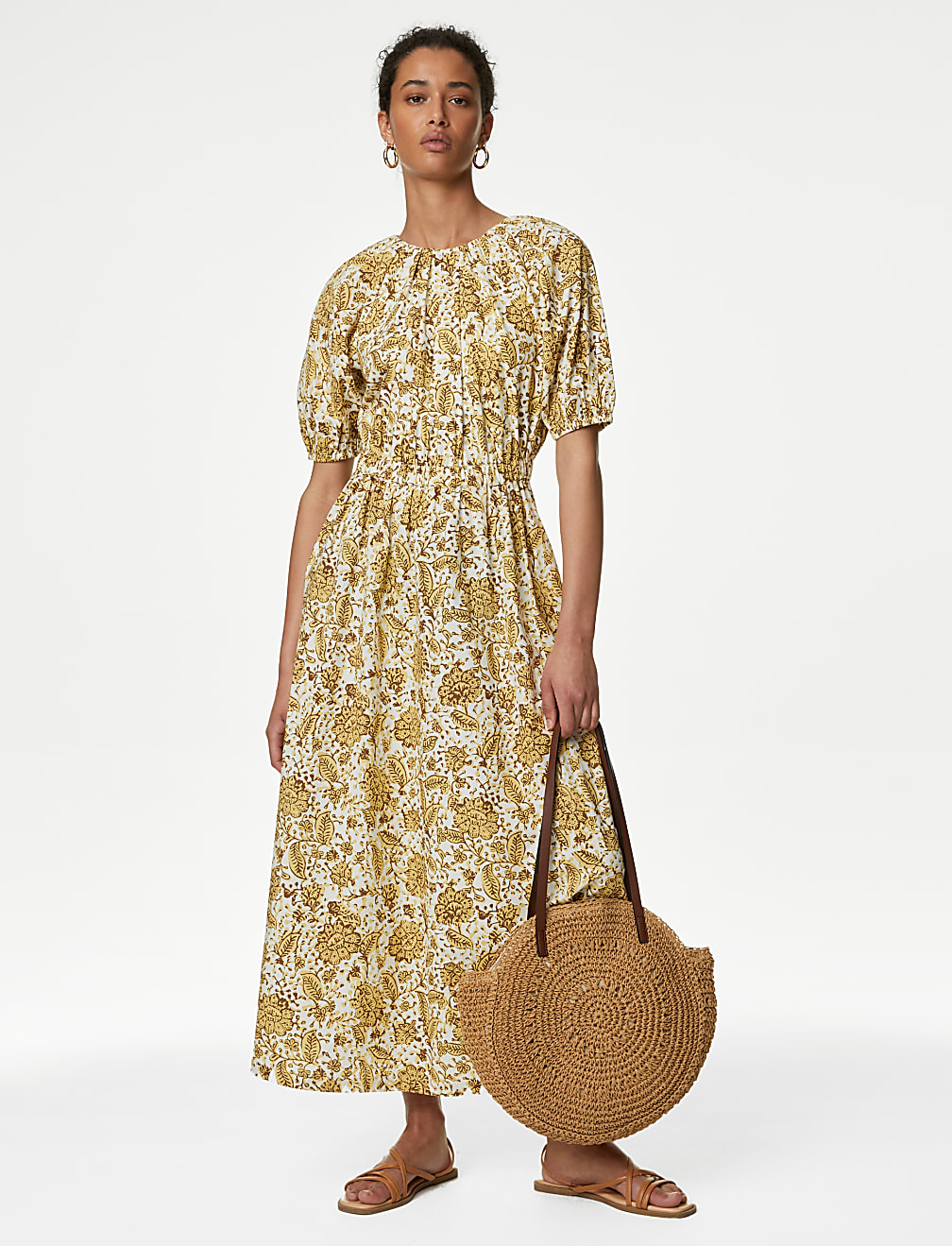 Pure Cotton Floral Midi Waisted Dress