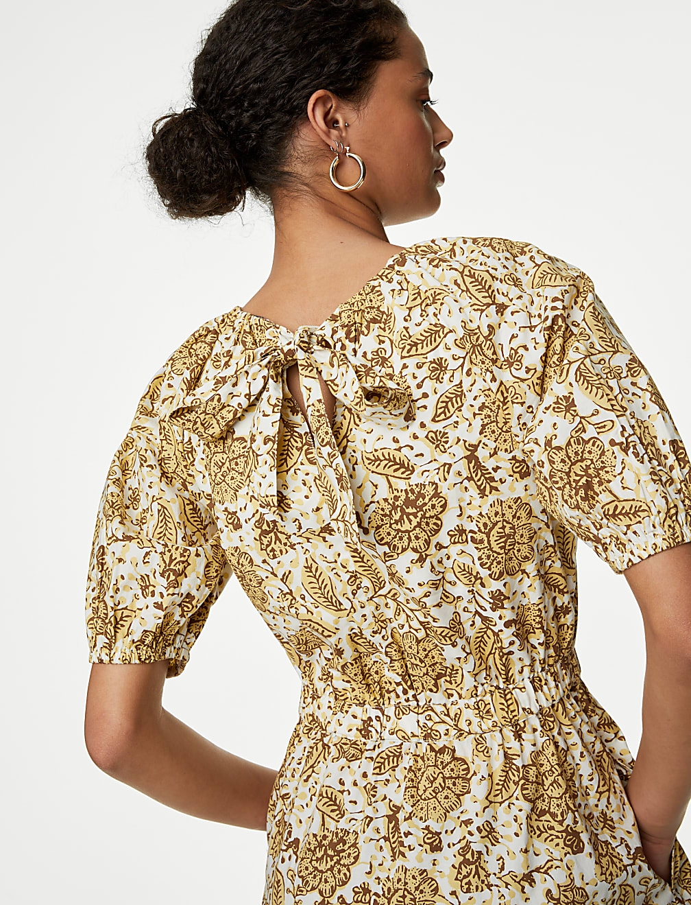 Pure Cotton Floral Midi Waisted Dress