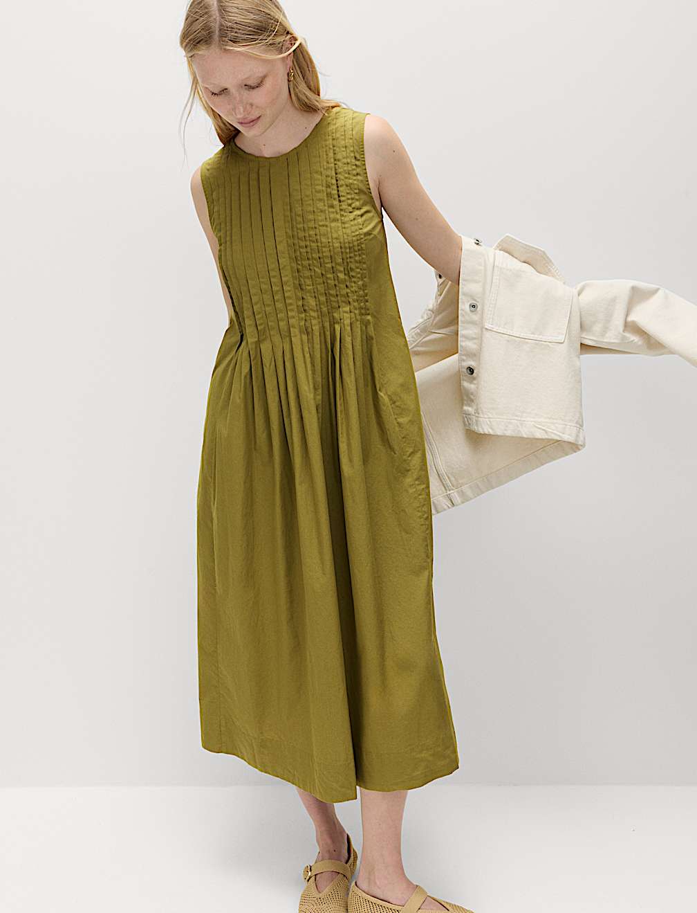 Pure Cotton Pintuck Midi Relaxed Dress