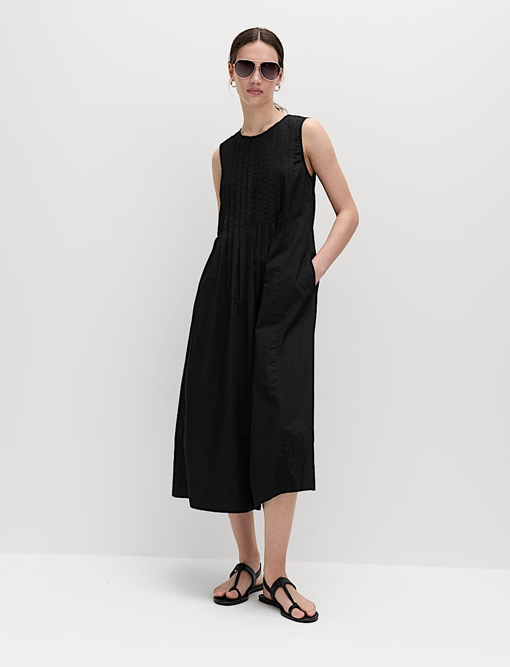 Pure Cotton Pintuck Midi Relaxed Dress
