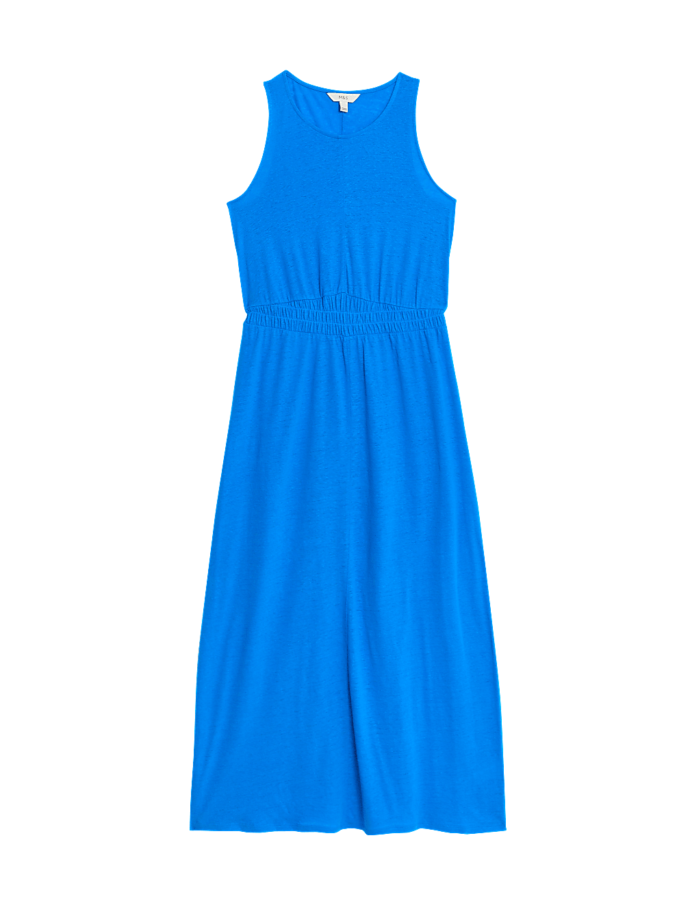 Linen Rich Jersey Round Neck Midi Waisted Dress