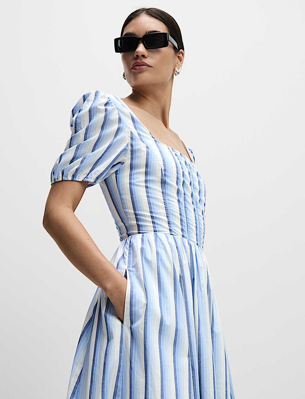 Pure Cotton Striped Midi Waisted Dress