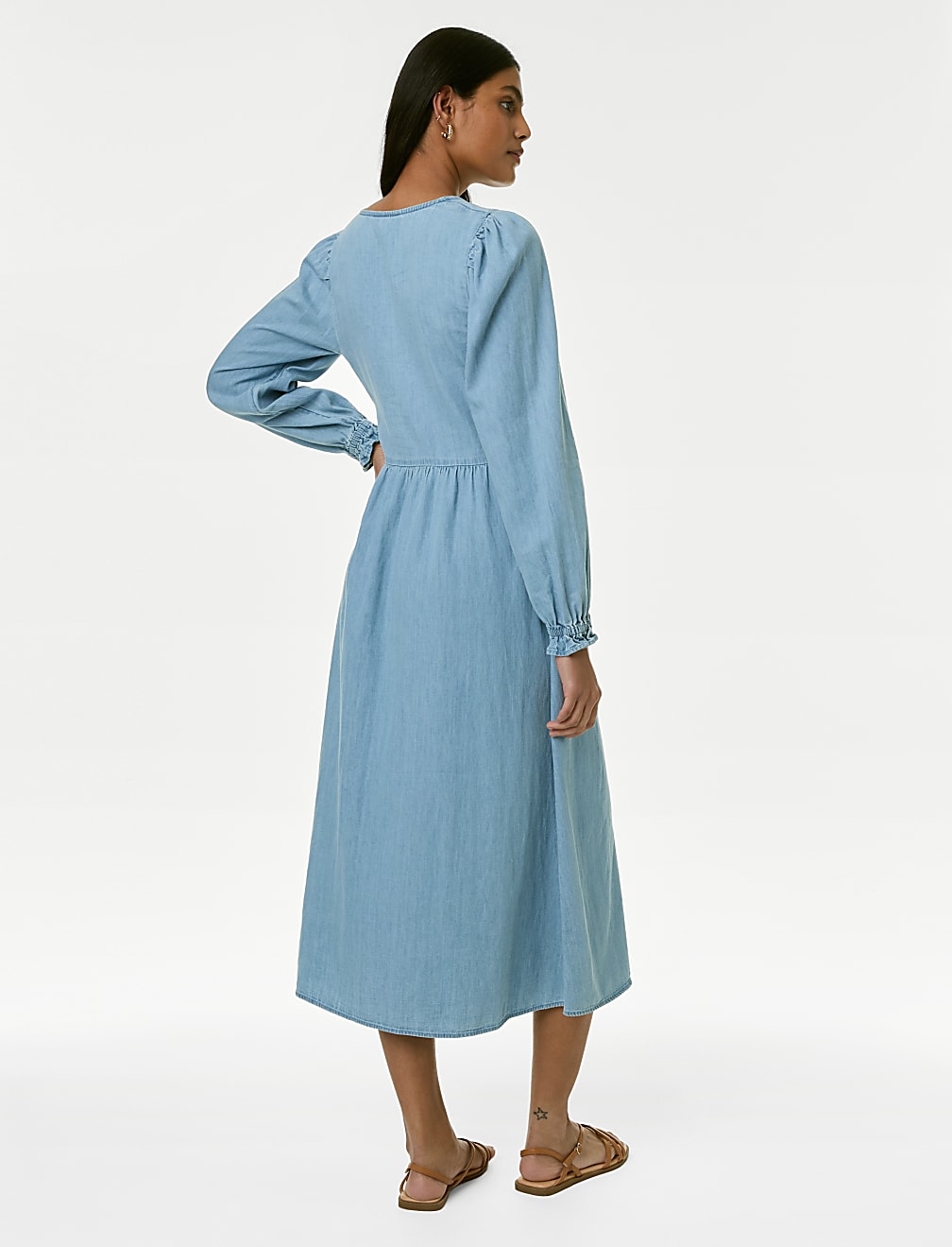 Denim V-Neck Puff Sleeve Midi Column Dress