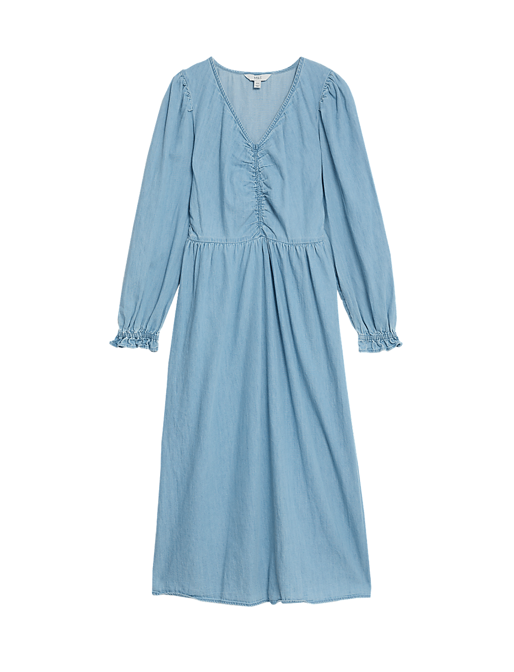 Denim V-Neck Puff Sleeve Midi Column Dress