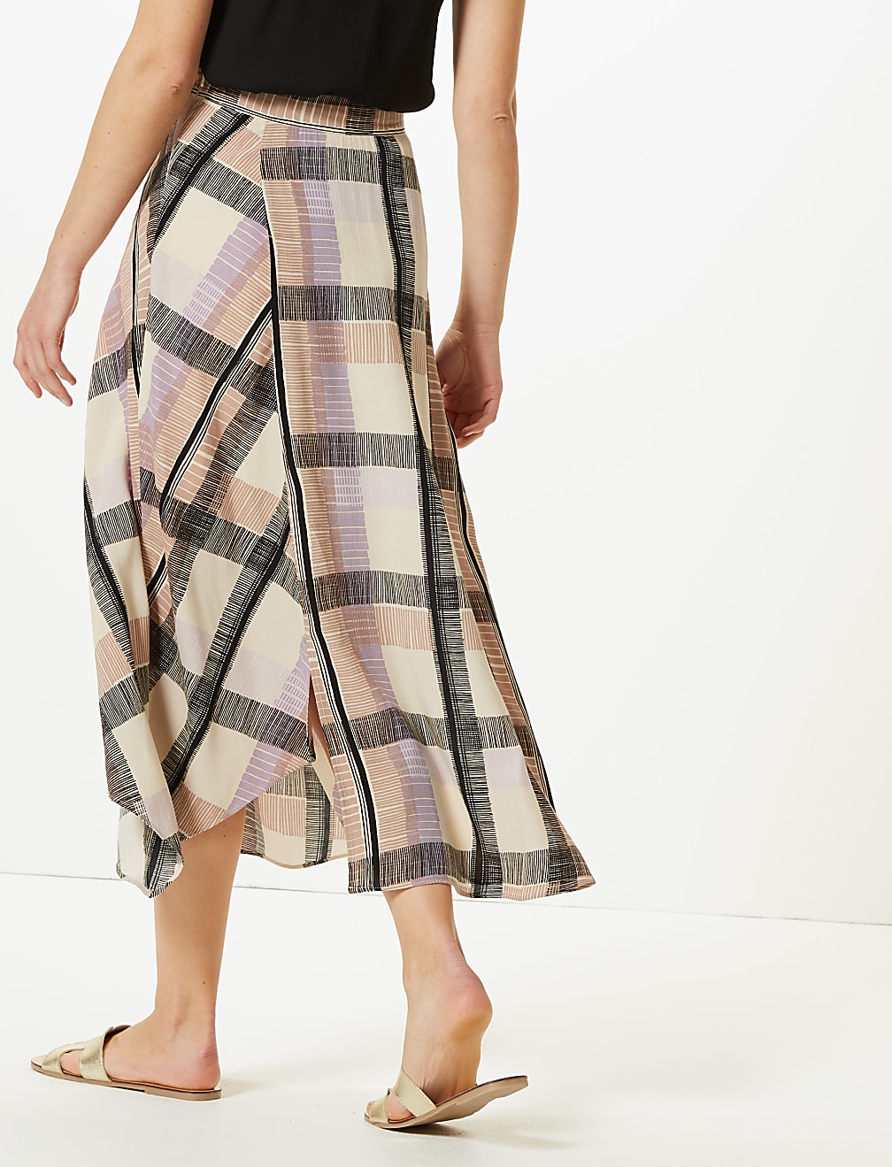 Checked Asymmetric Midi Skirt