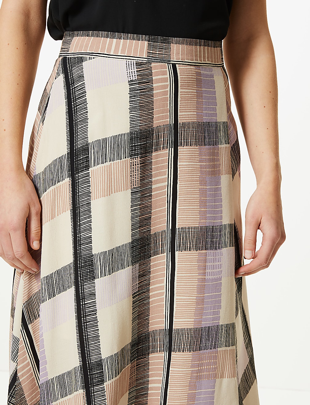 Checked Asymmetric Midi Skirt