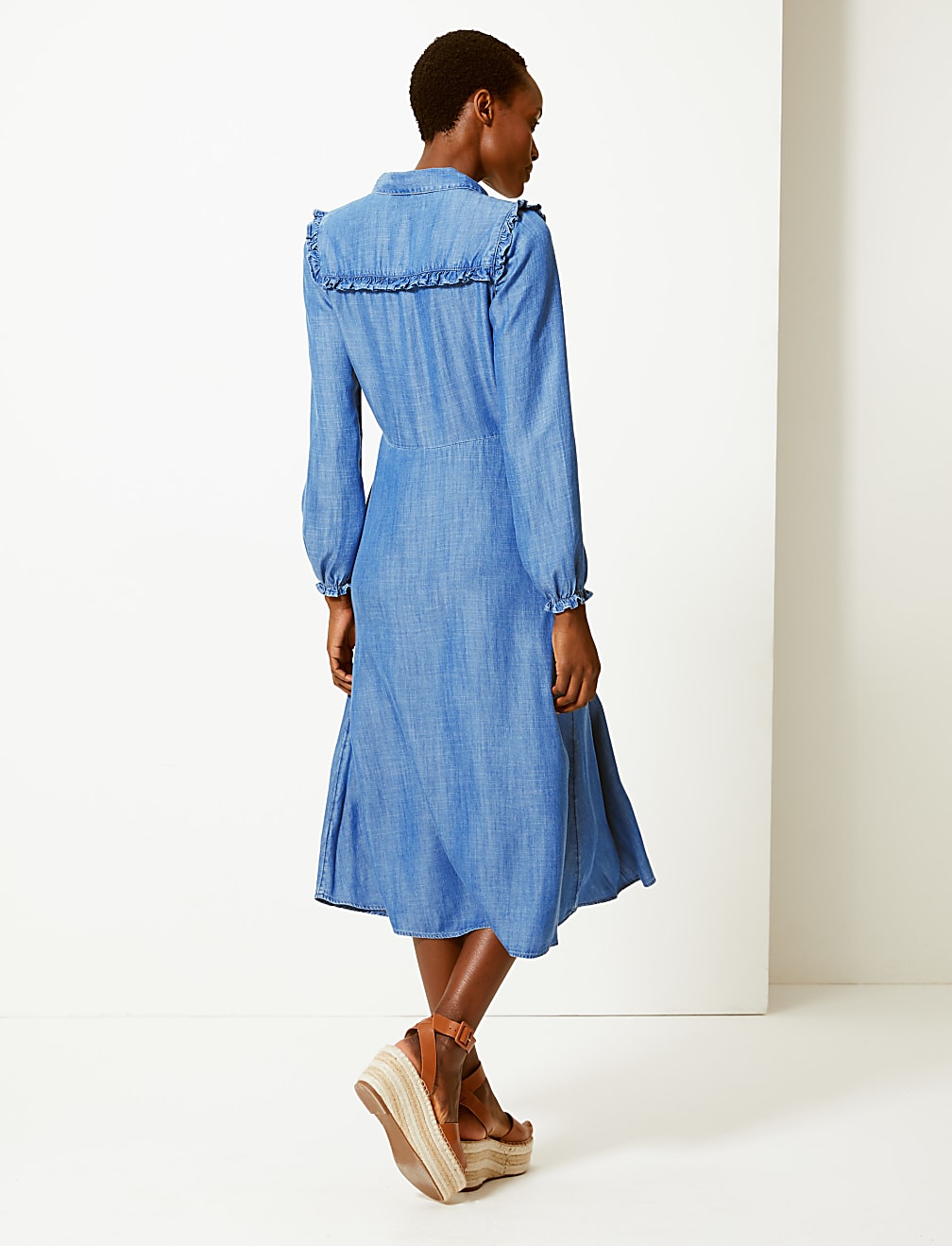 Denim Ruffle Detail Shirt Dress
