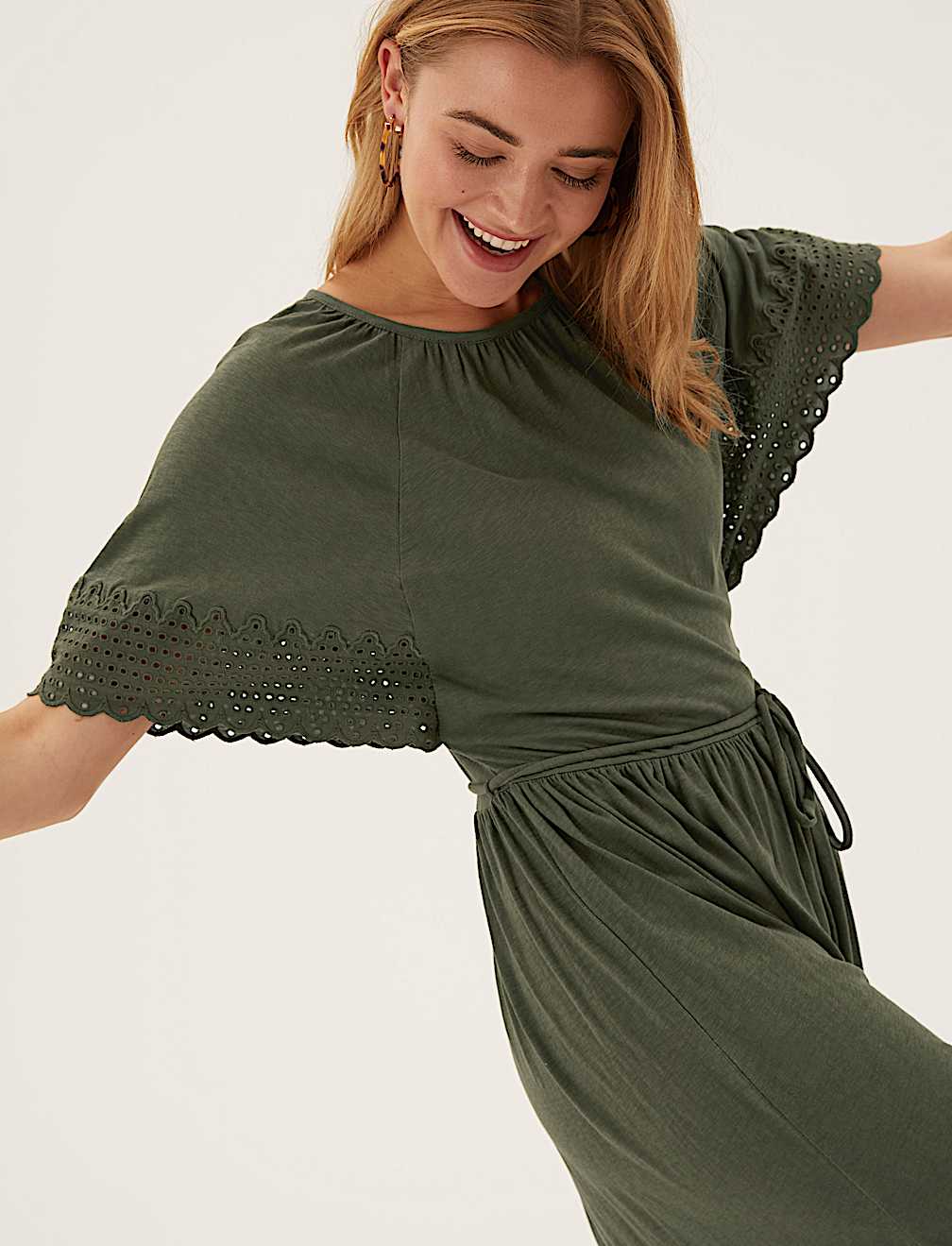 Pure Cotton Belted Midi Waisted Dress