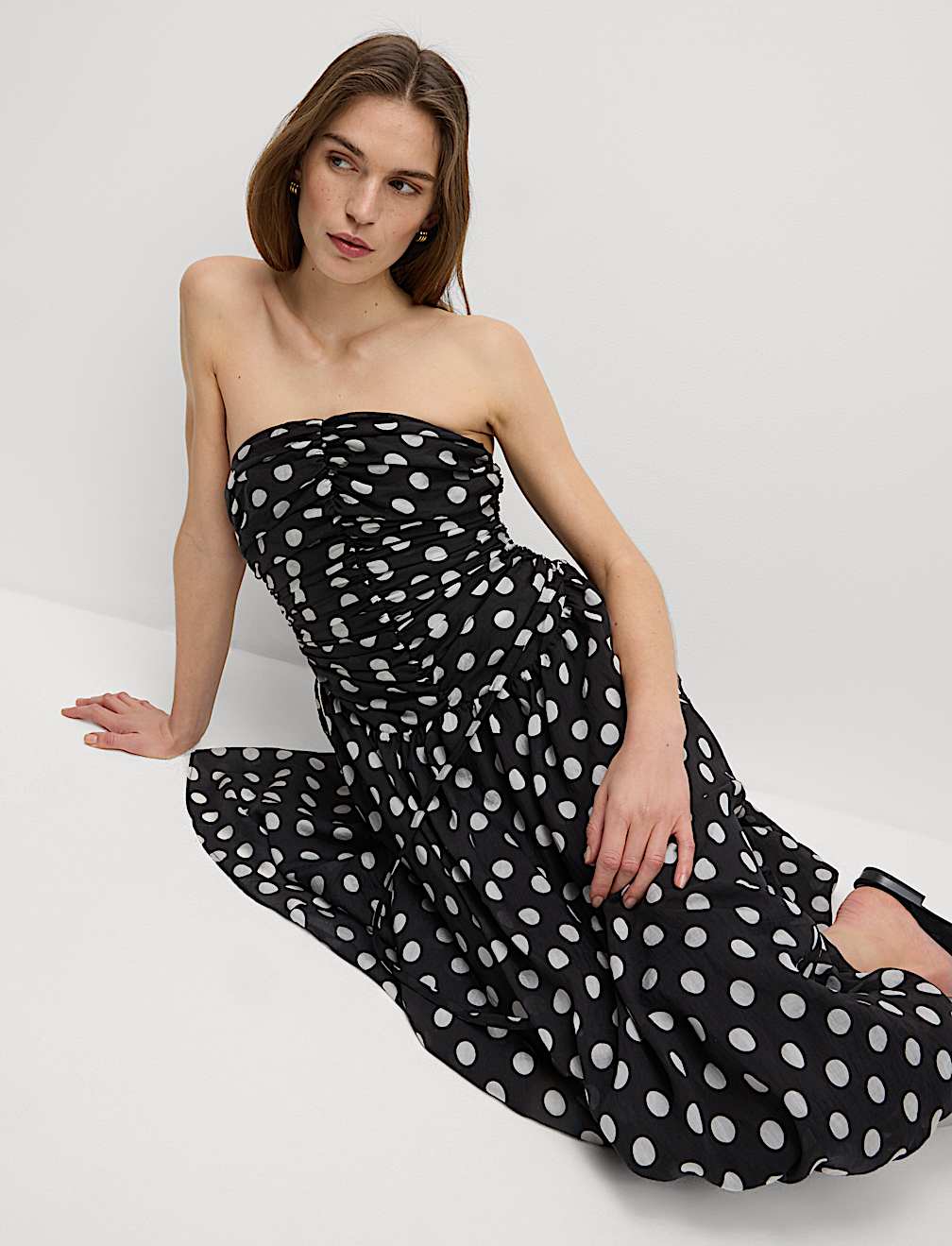 Lyocell Rich Polka Dot Sweetheart Neckline Maxi Waisted Dress