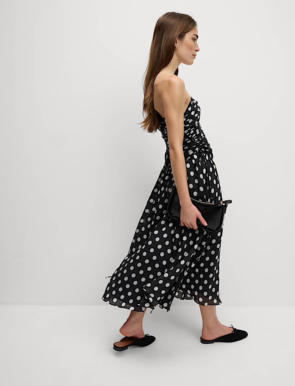 Lyocell Rich Polka Dot Sweetheart Neckline Maxi Waisted Dress