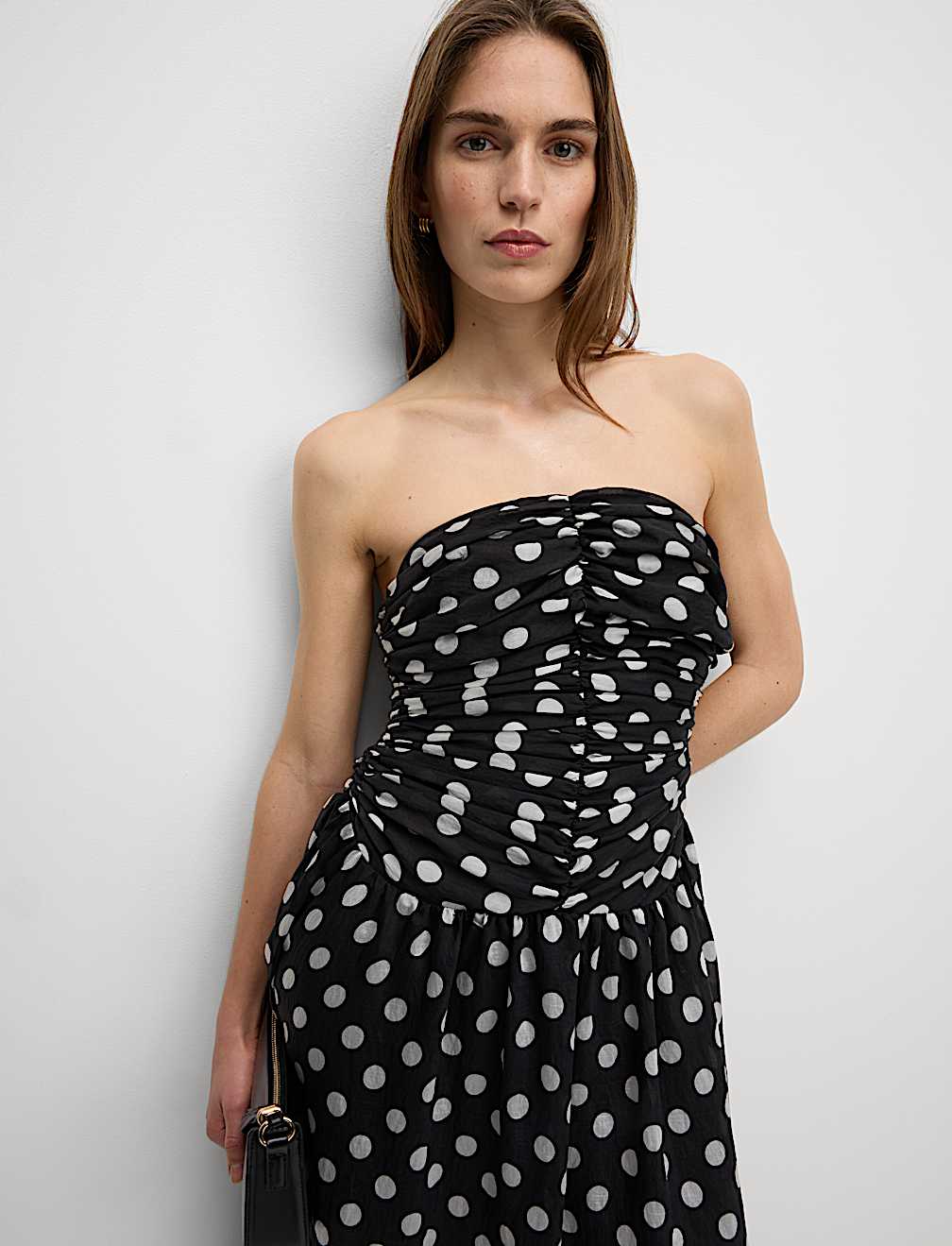 Lyocell Rich Polka Dot Sweetheart Neckline Maxi Waisted Dress