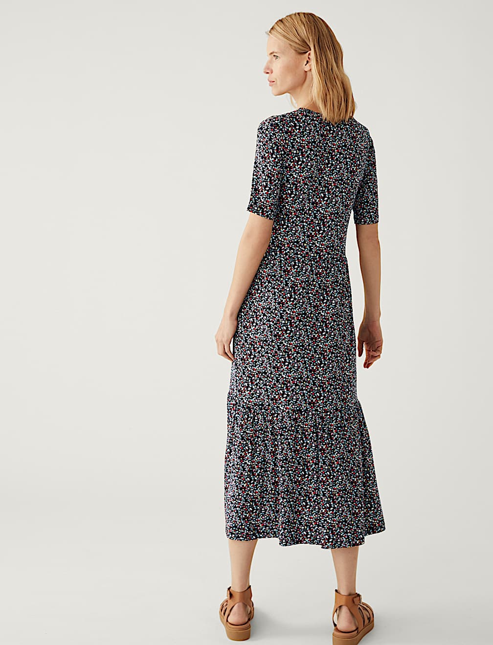 Jersey Printed Round Neck Midi Tiered Dress